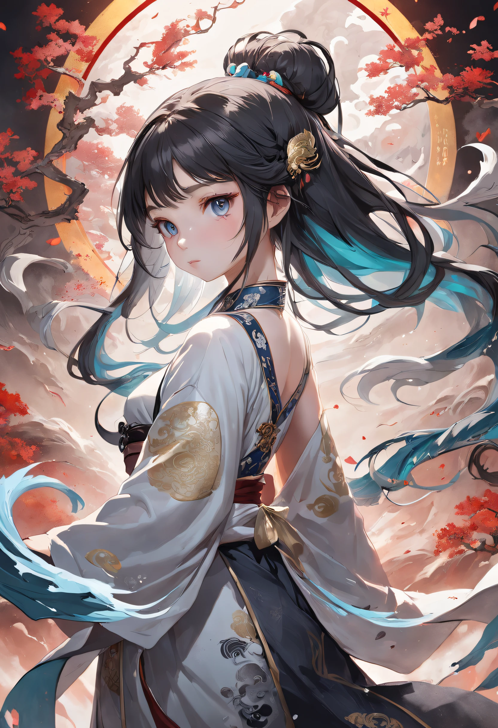 Official Art, Unified 8K Wallpapers, Ultra Detailed, Beautiful and Aesthetic, Masterpiece, Best Quality, (Zentangle, Tangle, Entangle), (fractal art: 1.4), 1girl, black hair, Chinese, bare shoulders, short skirt, calf, navel, very detailed, dynamic angle, cowboyshot, (most beautiful form chaos), flowing, (bright colors), oc, (half: 1.2), china, (thangka flying sky: 1.5), (ribbon: 1.3), (dream: 1.5), (hanfu: 1.5), Chinese dragon, Chinese phoenix, (smile: 0.5), (Chinese deity),