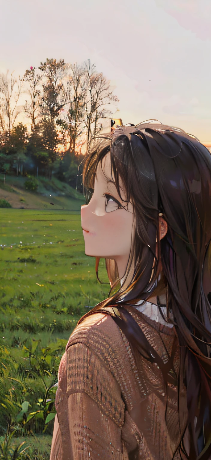 The Alafi woman stood in the field，The background is a horse, soft light from the side, bae suzy, tzuyu from twice, song hye - kyo, side looking, janice sung, looking to the side off camera, beautiful Korean women, Shin Jinying, shot at golden hour, in the golden hour, at dusk at golden hour, soft sunset lighting