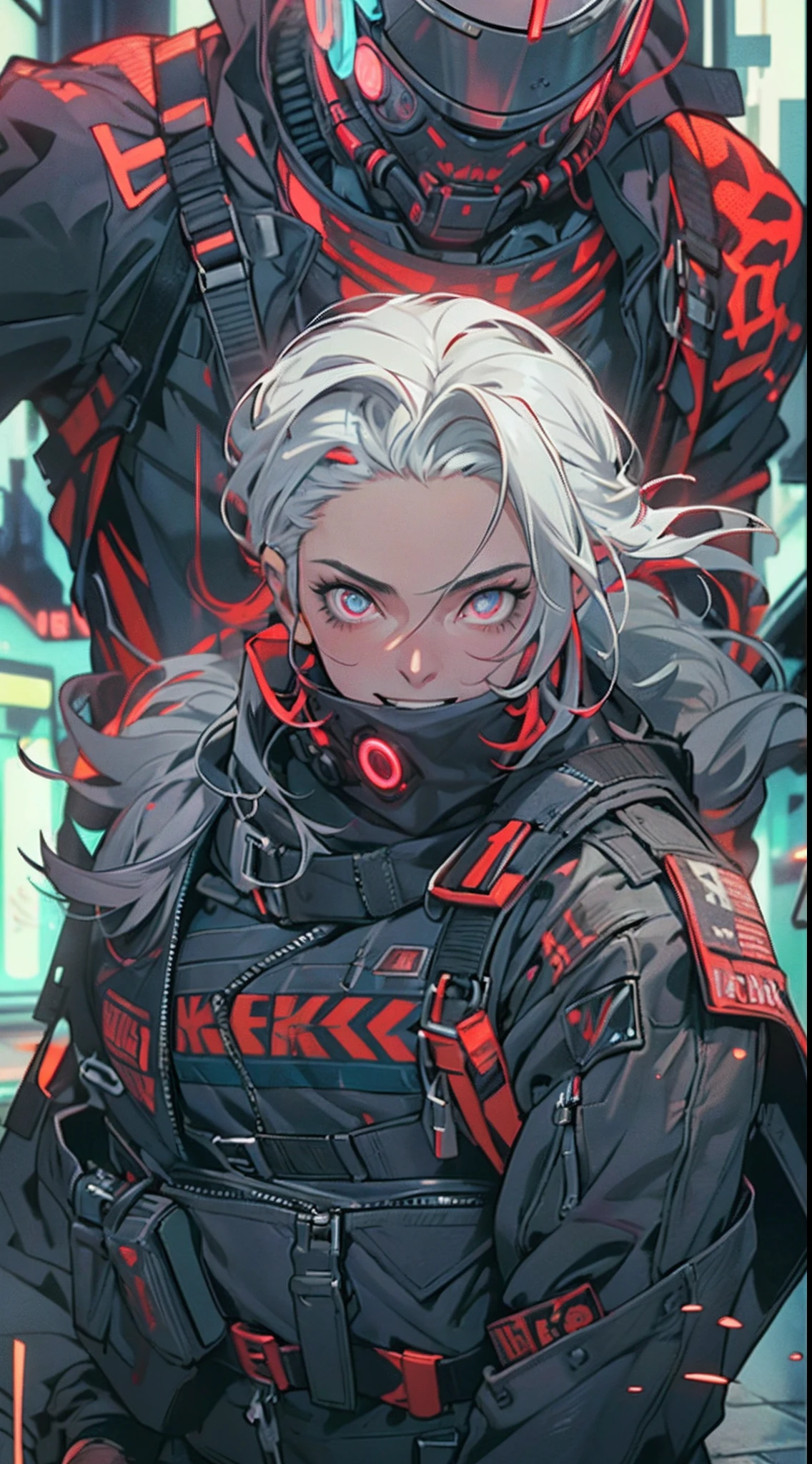 (1 Handsome Man)、(Very huge muscles)、(Unusually large muscles)、(Red cyberpunk military uniform all over the body:1.3)、(Red aura emanating from clothes:1.5)、(Military equipment:1.2)、(White hair)、(Cyberpunk black helmet:1.0)、(cyberpunk helmet)、(30-years old)、(confident grin:1.2)、(Dark hair)、(Top image quality)、(8K picture quality)、(masutepiece)、(Full body photo:1.3)、cinematric light, Cinema Shadow, Sharp Image, Extremely detailed,、beautiful effects, Muted colors, Highly detailed image textures, detailed hairs, Detailed face, Detailed eyes, Full body photo、Highly detailed image textures, detailed hairs, Detailed eyes、