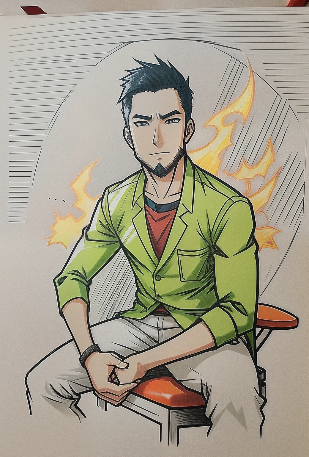 There is a man sitting, anime charactor, anime drawing, comic drawing, effect background.