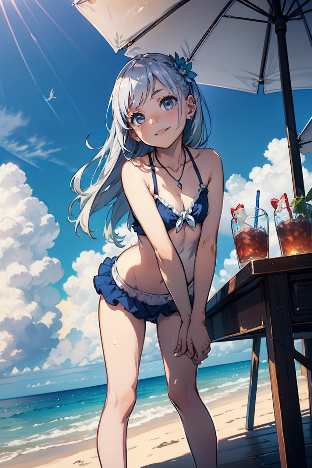 masterpiece, top-quality, Detailed details, Detailed landscapes, beatiful lights, Beautiful Shadows,one girls,12year old,((open one's legs)),Standing,Child's body shape,huge smile,(innocent smiles),detailed skin textures,flipflops,long,Bunching hair,Silver hair ornament、silber hair,piercings、Silver necklace、Red bright eyes、Children's swimwear,Fluffy swimsuit,Flip fluffy mini skirt,sea side、beach parasol、L size drinks、blue-sky、llight rays、High contrast,((Look up from between your legs)),(((super low angle))),(NSFW:0.3)