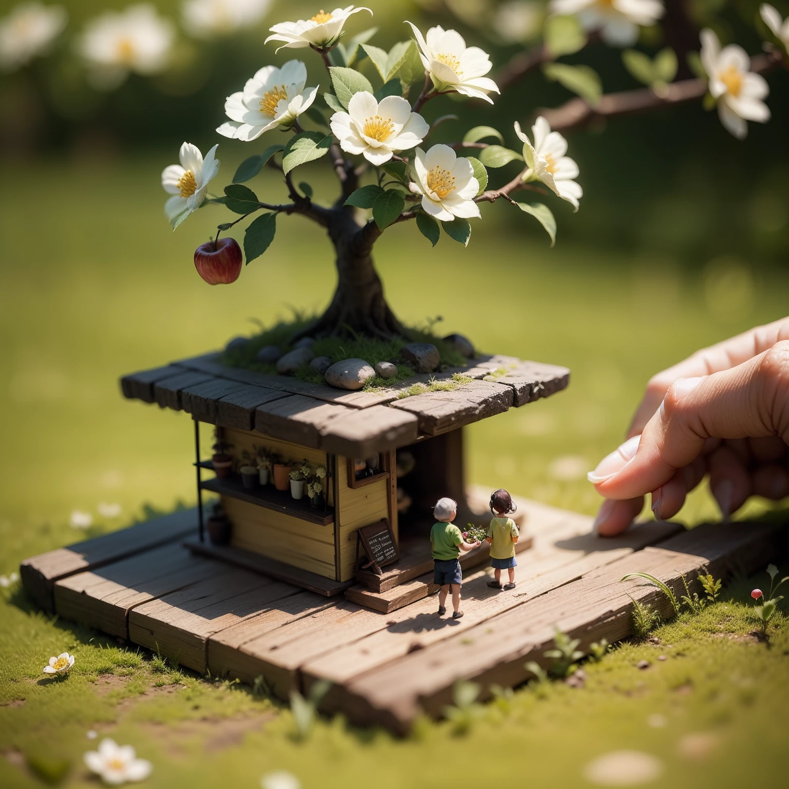 tiny  people is picking apple from tiny apple tree bonsai with a ladder, There are flowers and grass on the ground, natural light, miniature, semi blur background, clear details, tilt-shift, macro photography,
