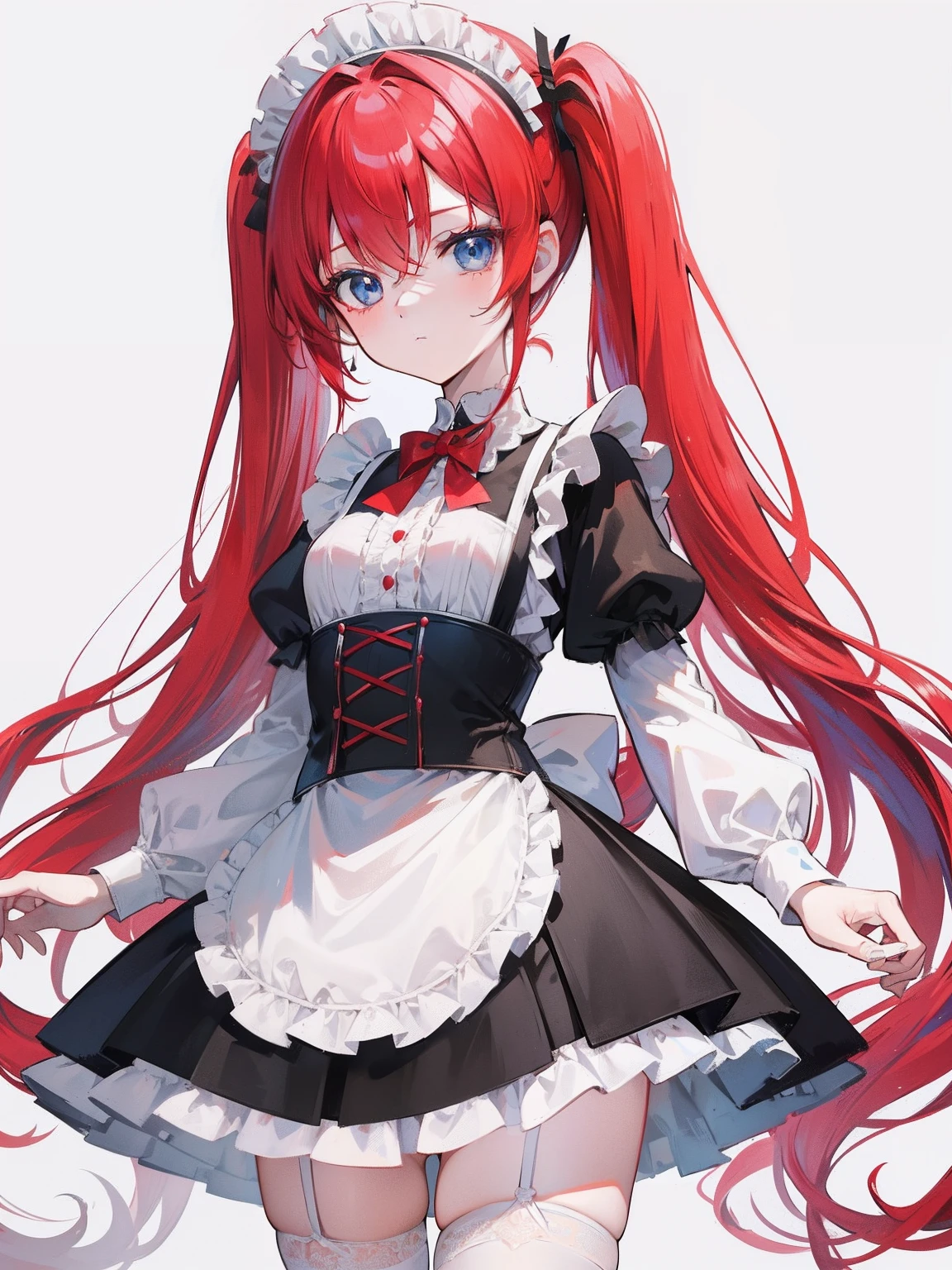 red hair,blue eyes,twintails,maid, long hair, long sleeves, gothic, solo, loli,Short skirt, white stockings,{{best quality}}, {{masterpiece}}, {{ultra-detailed}}, {illustration}, {detailed light}, {an extremely delicate and beautiful},little girl,cute,