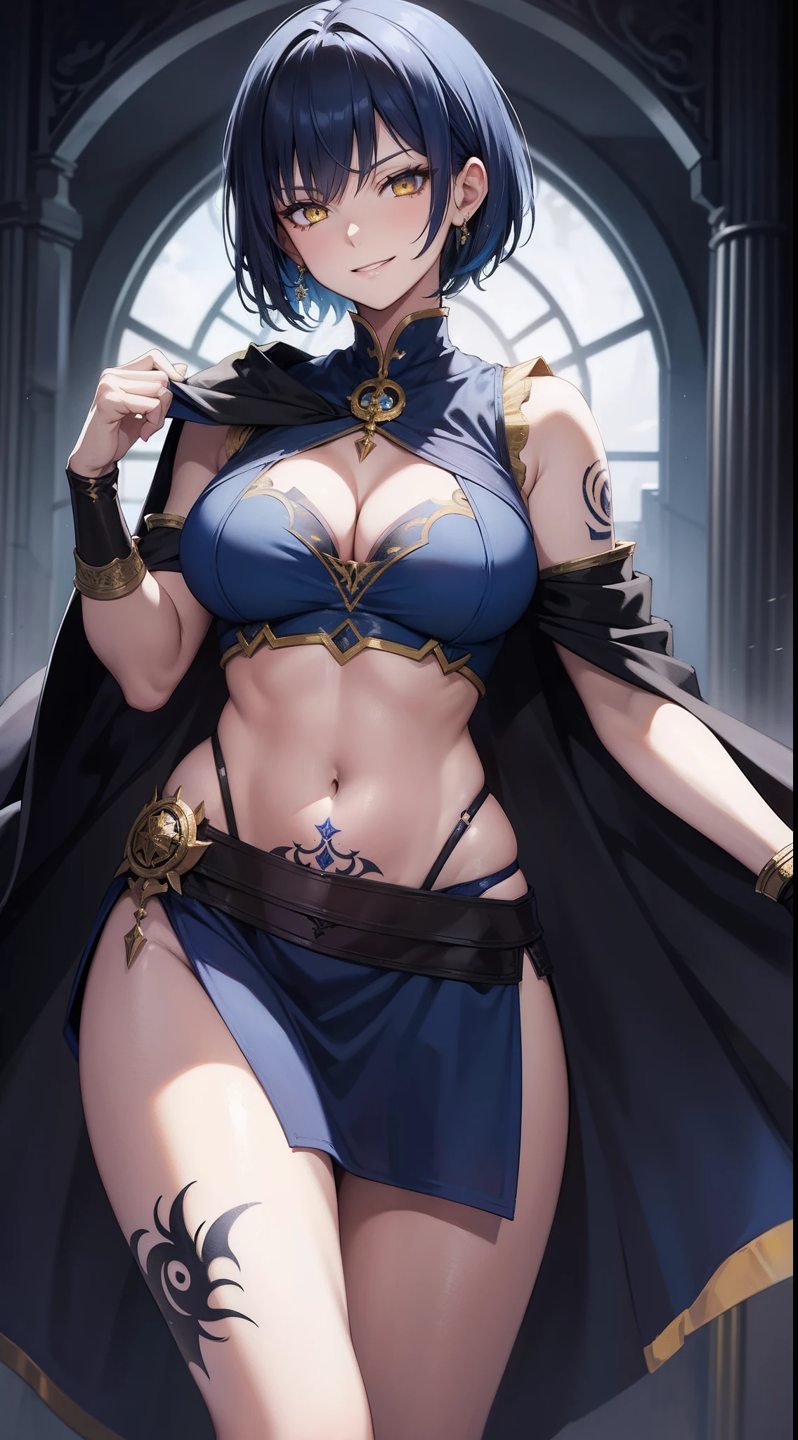 Adult woman, Short blue hair, Yellow eyes, tattoo, Dark magic dress, Sleeveless, open belly, open breasts, cloak, smirk, Masterpiece, hiquality