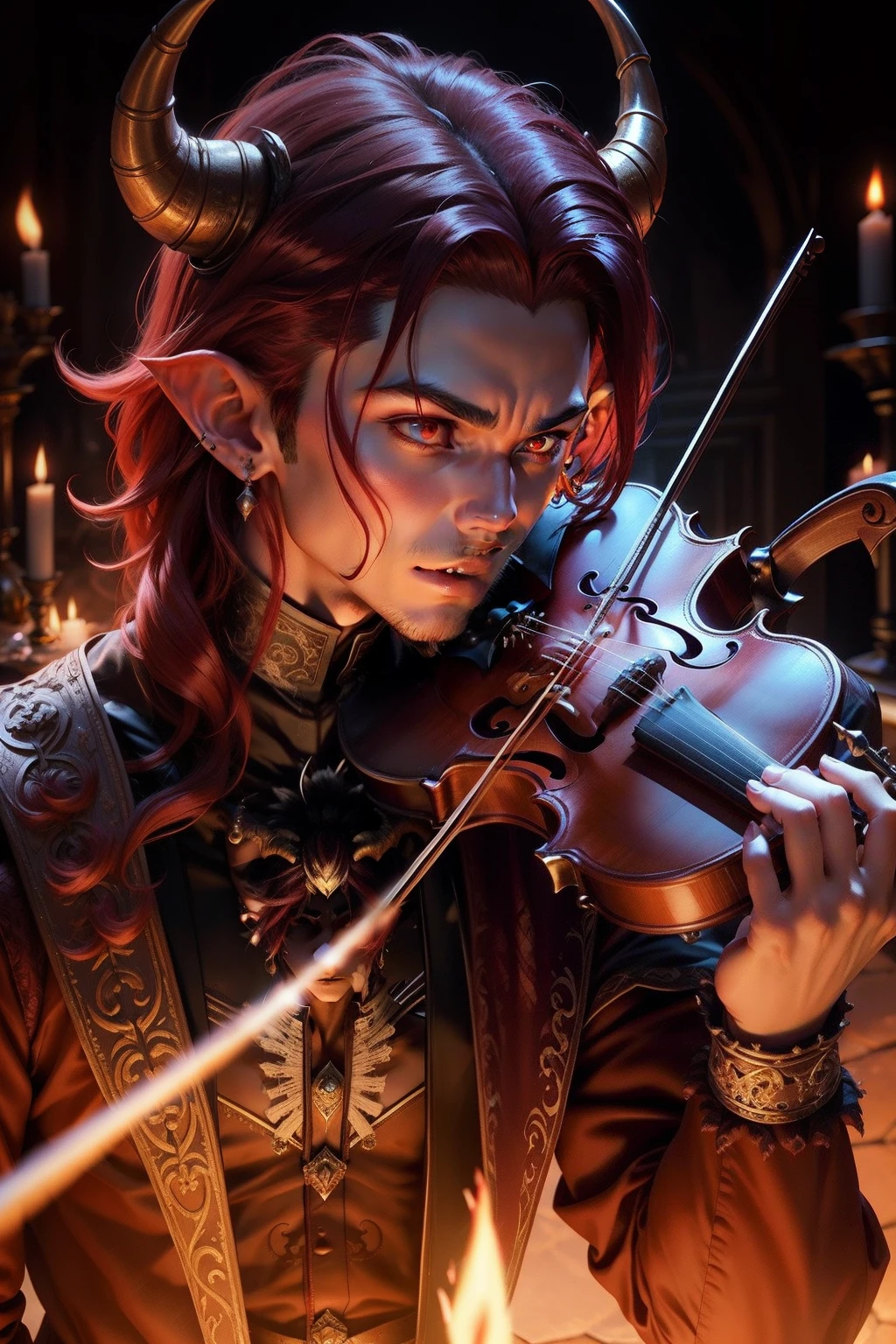 A beautiful boy, With demon horns, There are demon eyes, Medium-hair long, It's a bard, Red skin, There is a demon tail, pointy ears, crystal earrings, There are fangs, Play the violin
