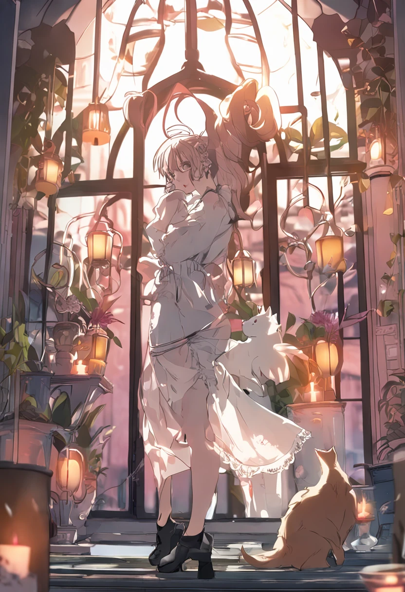 1girl，Cat lady，enjoying，drinking glass，White stockings，whaite hair，