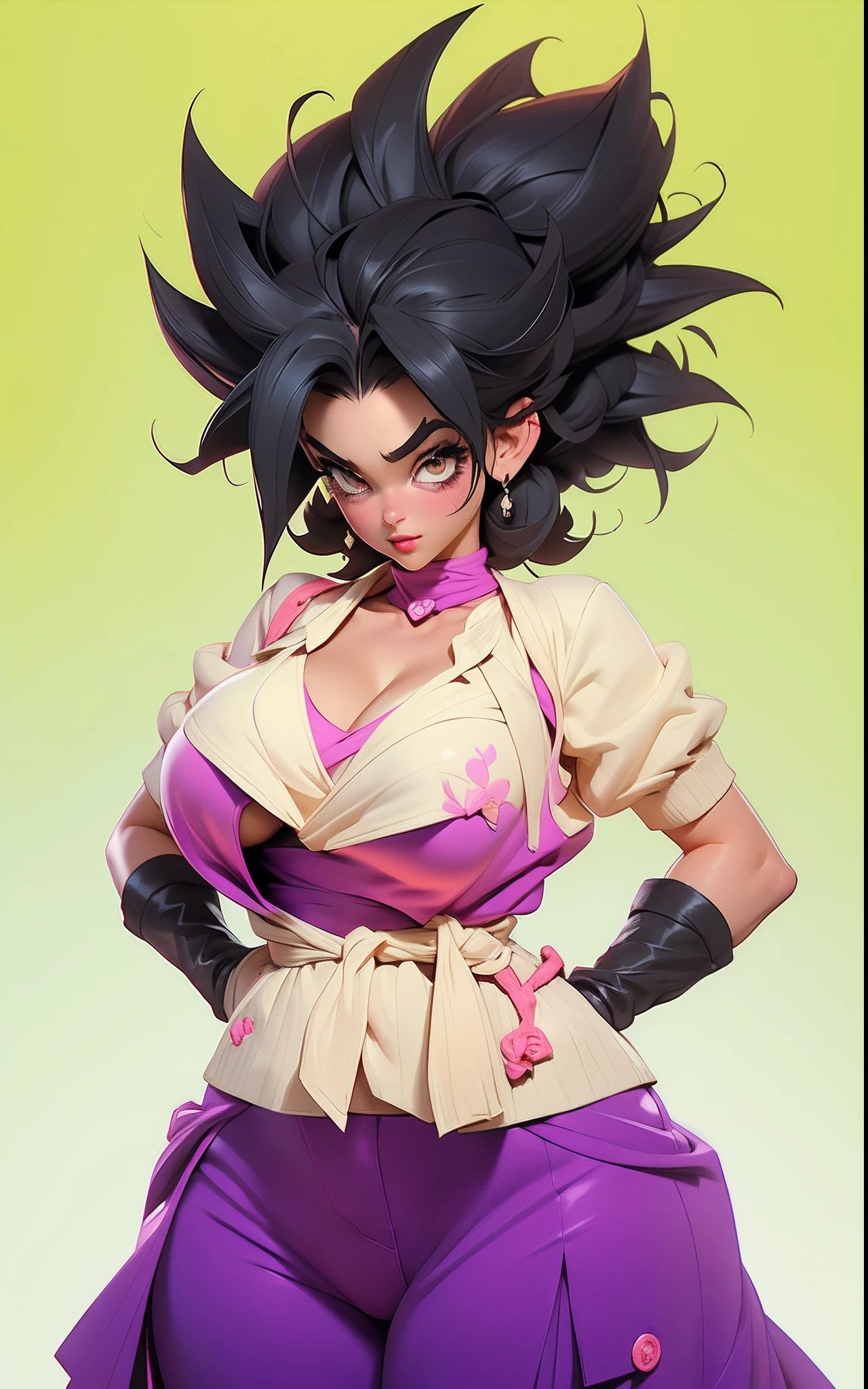 ((Best quality)), ((Masterpiece)), ((Realstic)) and ultra-detailed pchaudography, Caulifla, Pretty Girl Cauliflafrom Dragon Ball Super, spiky black hair, Jolie fille, cheveux jaune clair, parti, neon light. Elle a ((cheveux noir)), crop top pink, gigantic breast, very wide purple pants , ((beautiful and aesthetic)), sexy, gros seins, chaud, grosse poitrine