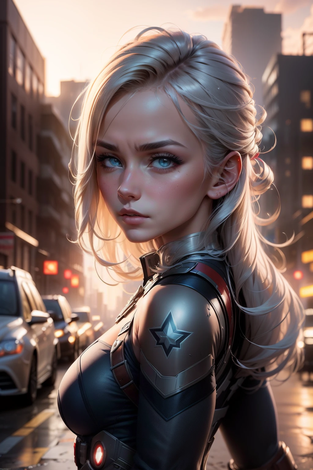 (1girl:1.3), Only, __Body Parts__, Official Art, Unified 8k wallpaper, super detailed, Beautiful and Aesthetic, beautiful, master piece, best quality, ..RAW, master piece, super fine photo, best quality, Super High Resolution, photorealistic realism, sunlight from the ground, full length portrait, incredible beauty, dynamic pose, delicate face, vibrant eyes, (from the front) she is wearing a Captain America suit, blue and white color scheme , star symbol, captain america shield, very detailed abandoned warehouse background, detailed face, detailed complex busy background, messy, gorgeous, milky white, highly detailed skin, realistic skin details, visible pores, sharp focus, volumetric fog, 8k UHD, DSLR, high quality, filmic grain, light skin, photorealism, Lomography, huge metropolis in future dystopia, seen from below, translucent
