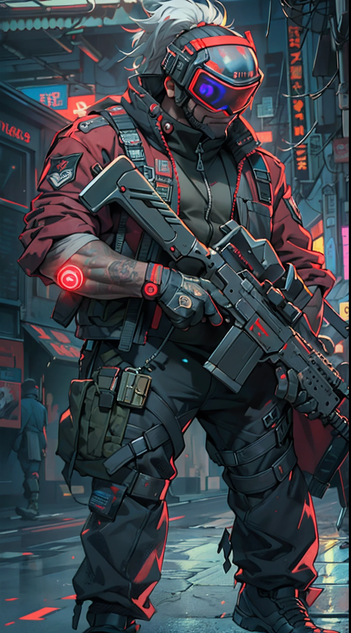(1 Handsome Man)、(Very huge muscles)、(Unusually large muscles)、(Red cyberpunk military uniform all over the body:1.3)、(Red aura emanating from clothes:1.5)、(Military equipment:1.2)、(White hair)、(Cyberpunk full-face helmet:1.0)、(cyberpunk helmet)、(30-years old)、(confident grin:1.2)、(Dark hair)、(Top image quality)、(8K picture quality)、(masutepiece)、(Full body photo:1.3)、cinematric light, Cinema Shadow, Sharp Image, Extremely detailed,、beautiful effects, Muted colors, Highly detailed image textures, detailed hairs, Detailed face, Detailed eyes, Full body photo、Highly detailed image textures, detailed hairs, Detailed eyes、