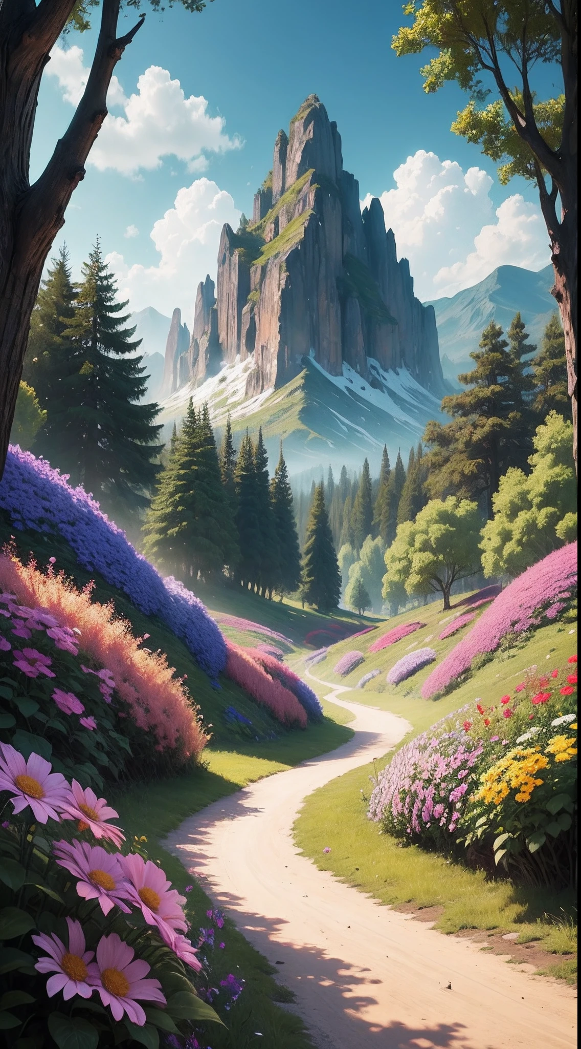 Mysterious landscape, many strange creatures, full of colorful flowers --auto