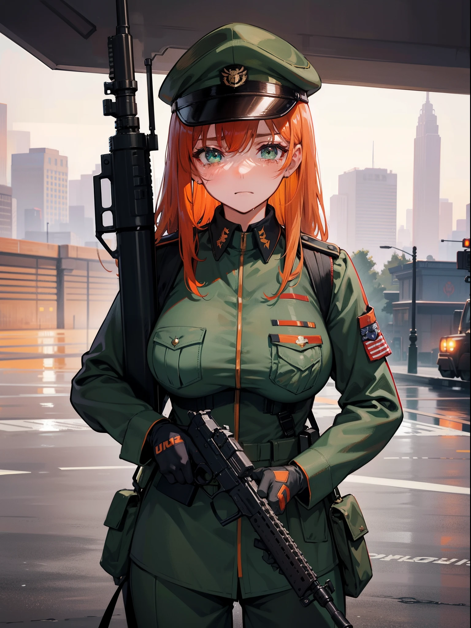 Soldiers , 20 years old , Female with orange hair , Big , large full breasts , Muscular ,Green-eyed , M4 rifle, M203 grenade launcher launched M4 , Holding with both hands , Crying , watery eyes , sorrow , Downtown , Sateen , overcast , Crying , Tall soldiers,Wearing a military helmet,Wearing military uniforms, weapons, military uniforms, combat uniforms , U.S. Marine Corps , U.S. Marine Corps , Rainy day , Sad face , sad look , Downtown , Standing next to a military truck ,