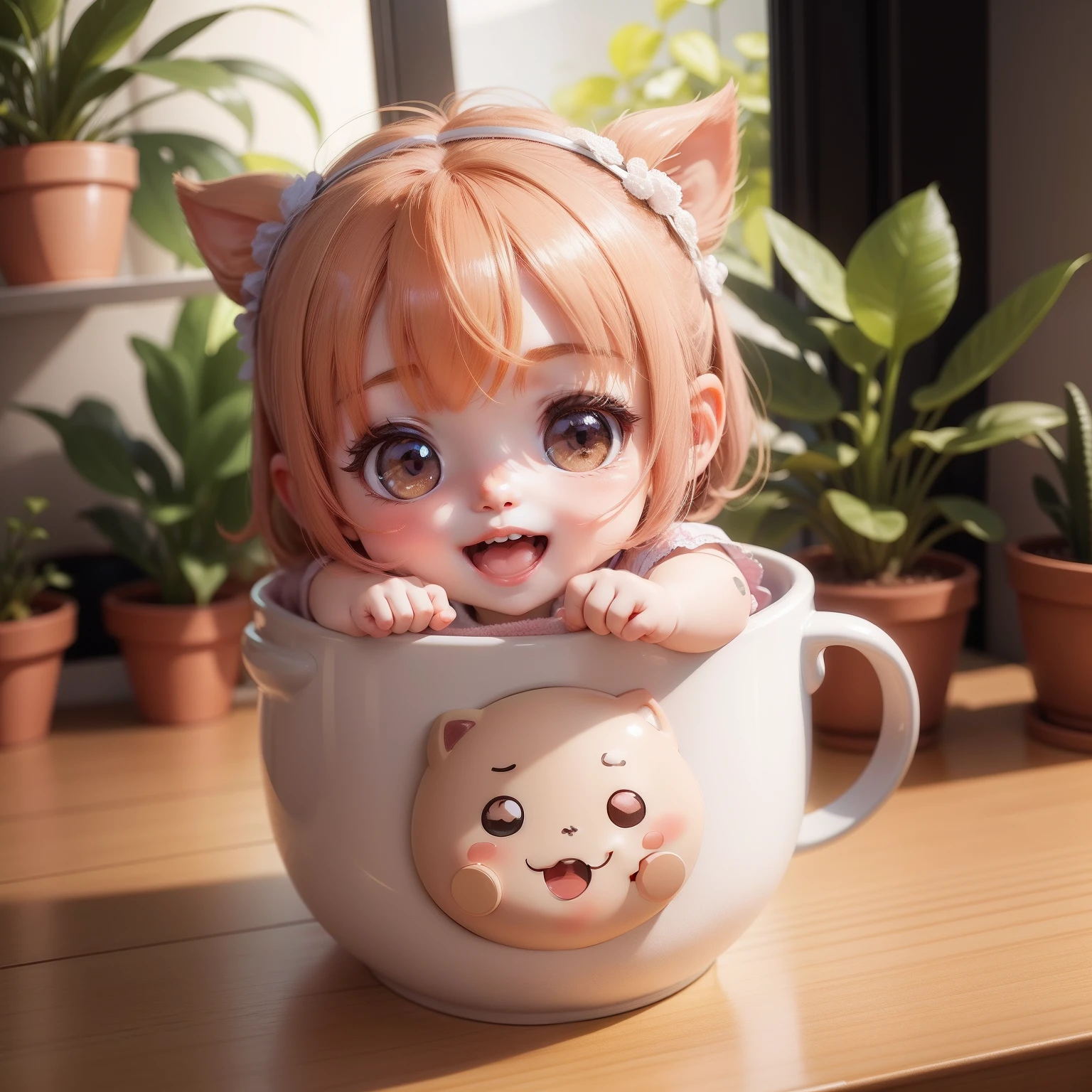 Cute  Chibi Anime,（（（Super masterpiece、top-quality、ultra-detailliert、女の子1人、Chibi：1.5））、Chibi Living、houseplant、Cute potted plants、A detailed face、Smile with open mouth、a small face、fullllbody、Houseplant Nora（Chibi：1.4）、8ｋ