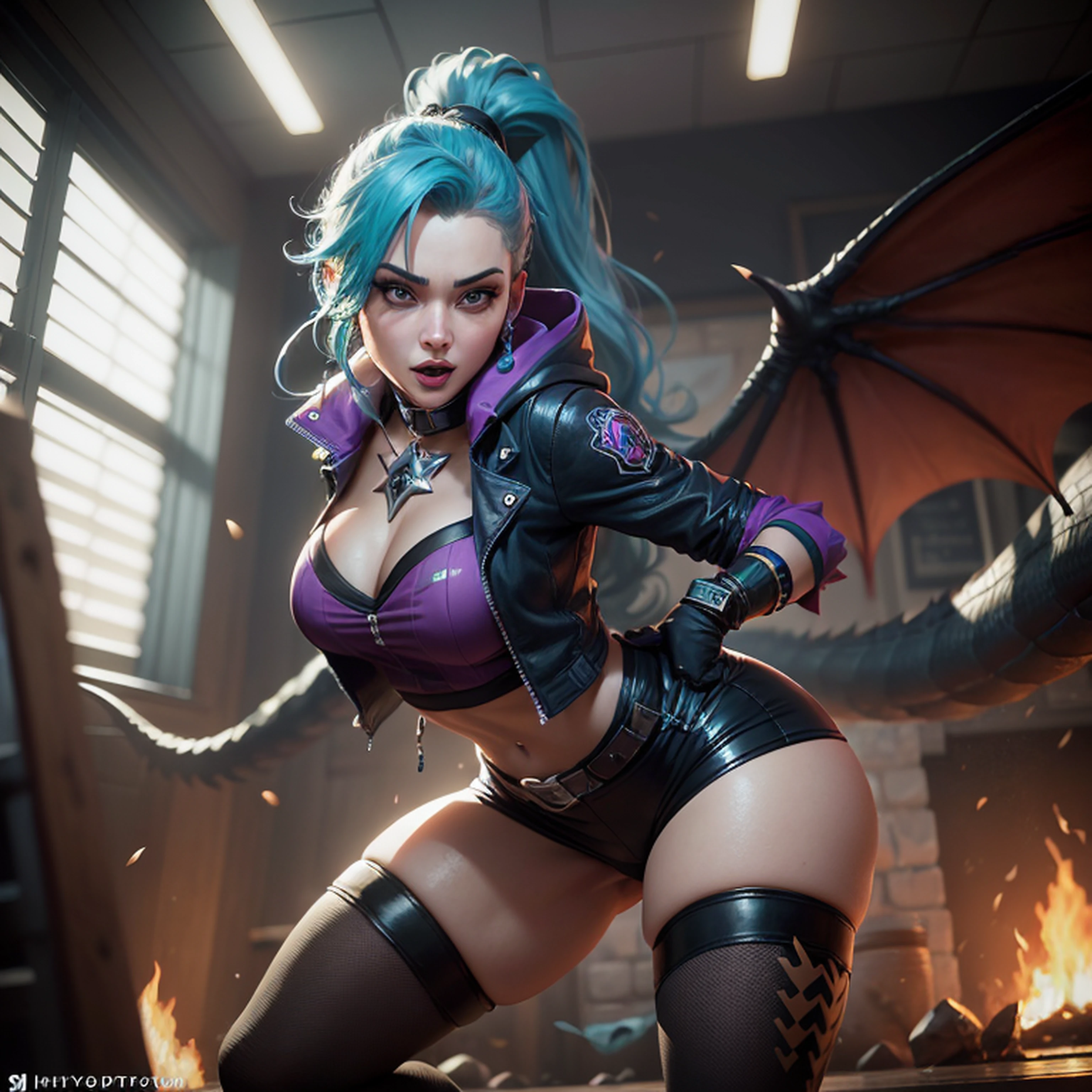 ((best qualtiy)), ((tmasterpiece)), (the detail:1.4),hdr（HighDynamicRange）,Ray traching，a beautiful  woman，The purple wyvern is on its back,Hold the gun in both hands,squating，Shoot forward with both hands，blue hairs，pony tails，Happy expression，Purple coat，Jinx，Colored stockings，style of league of legends，as a fortnite character, 3 d render of jerma 9 8 5, Realistic fortnite, jurassic image, starfinder character, sfm render, Fortnite characters,