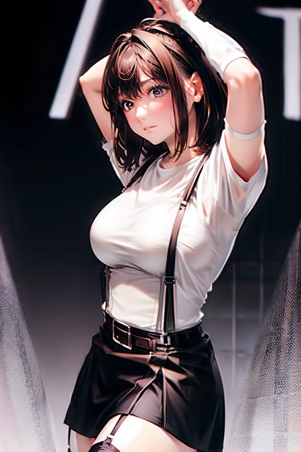 Black skirt, White cutter shirt　suspenders, Brown hair short, Gray eyes, Garter belt on the legs, Tight clothes, 　　 a belt　Armpit sweat　　deadpan　large full breasts　short-cut