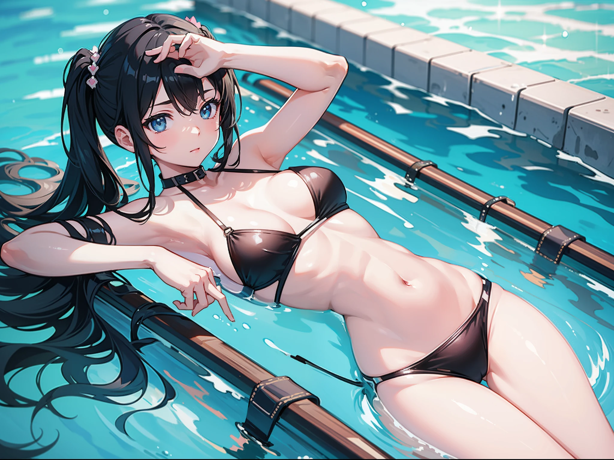 2D, (Simple background), BREAK masterpiece, Ultimate highest quality, Ultra-detailed, Best Quality, ((kawaii)), 1girl in, Cute, Black hair, (Black Bikini:1.1), (in poolside), Sunshine, various hairstyles, (Lens Flare:0.6), (White glow:1), (light reflections:1.2),