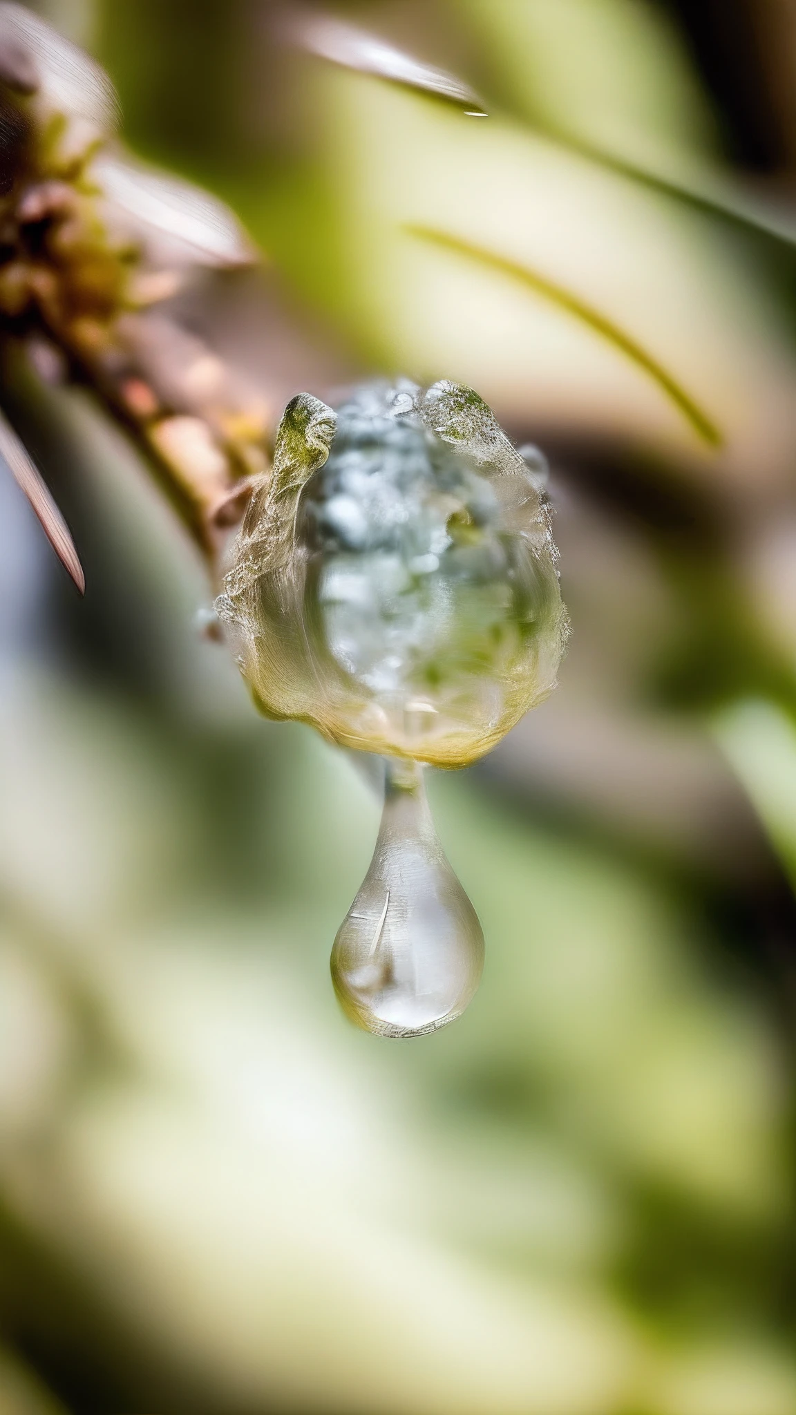 there is a drop of water hanging from a pine tree branch, mirror dripping droplet!, water droplets frozen in time, plant sap, water droplet, berries dripping, honey dripping, wet dripping, drop of waters, rain droplets frozen in time, mirror dripping droplet, frozen tear, tear drop, dripping honey, focus on droplets