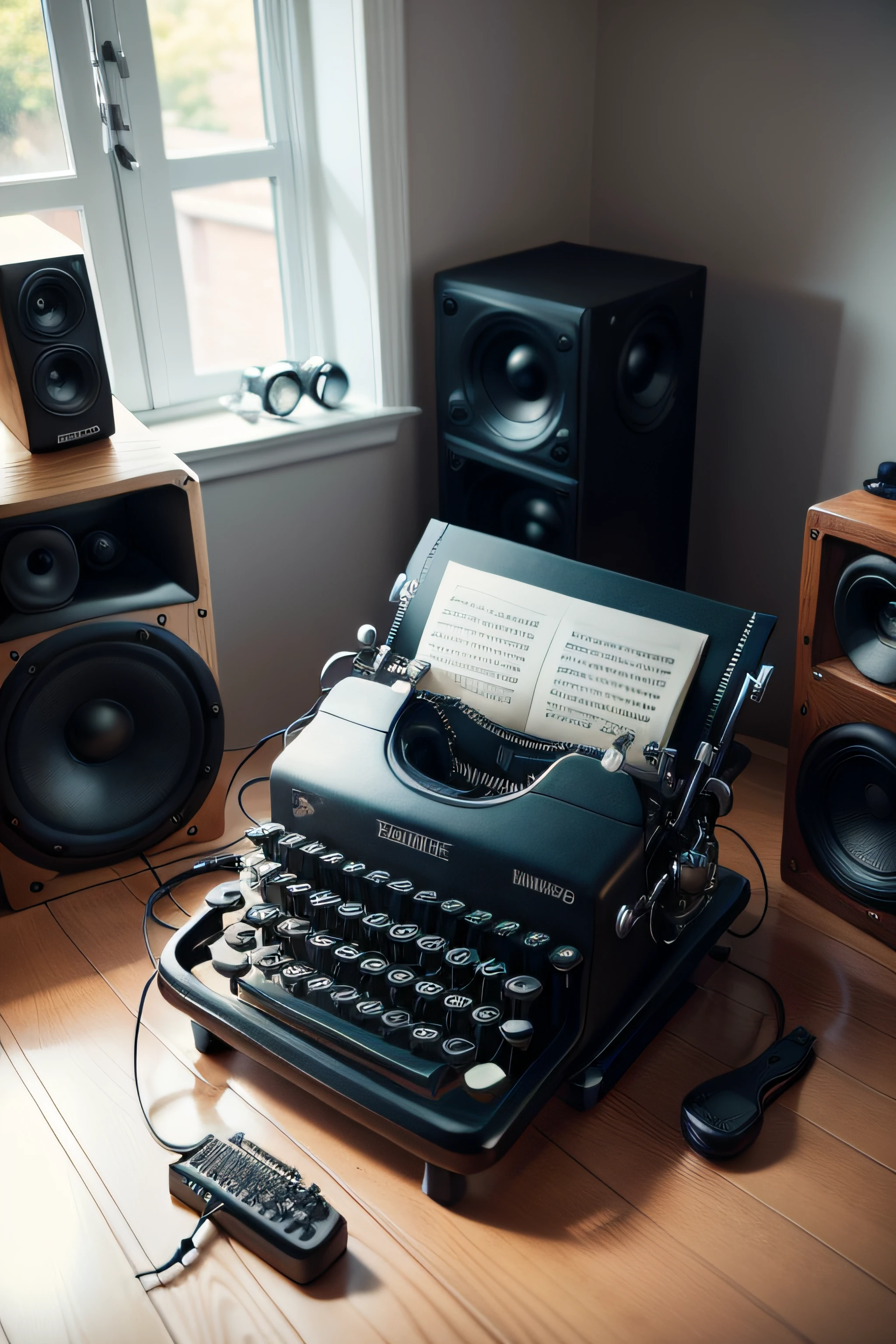 a typewriter connected by a guitar cable to a giant speaker