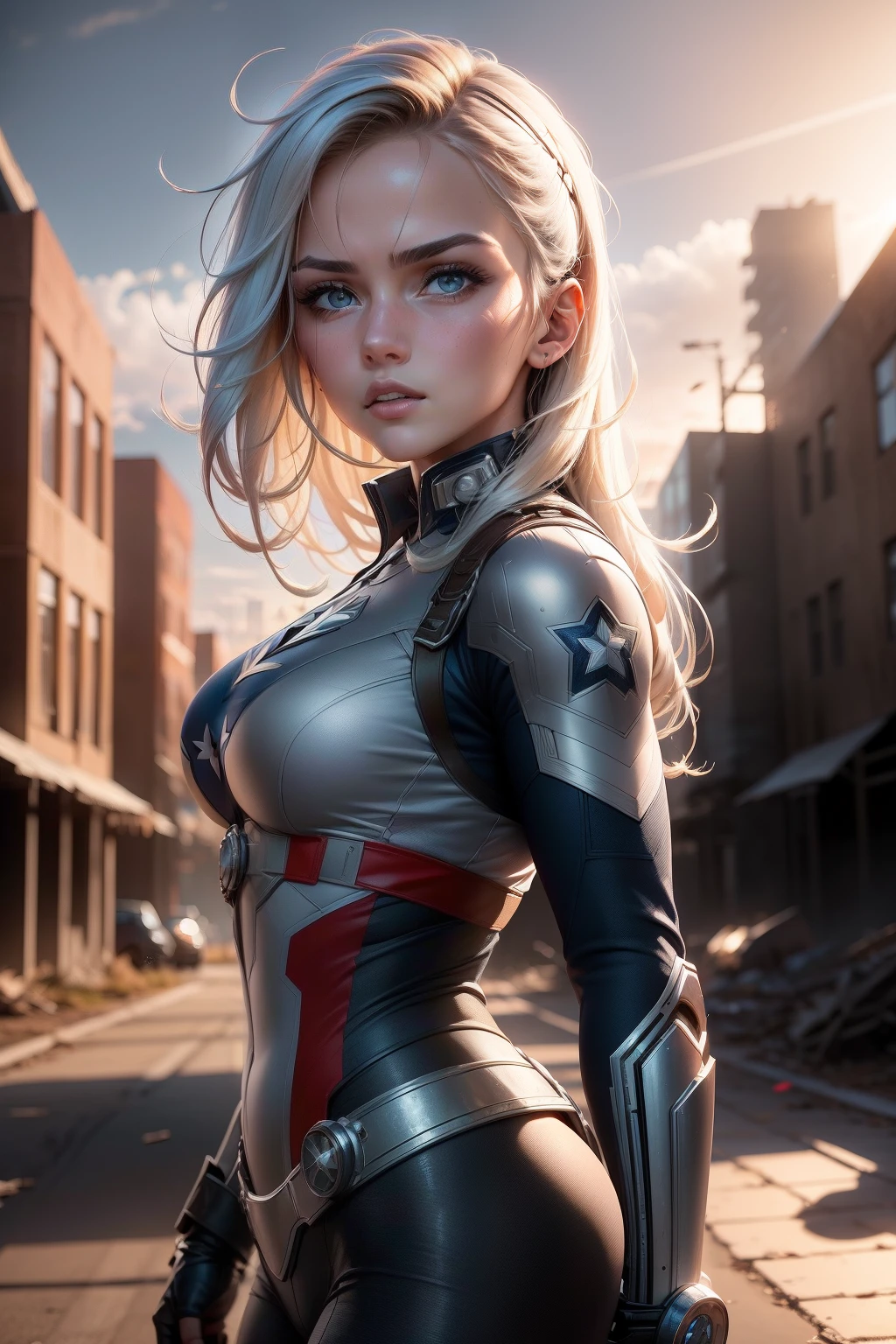 (1girl:1.3), Only, __Body Parts__, Official Art, Unified 8k wallpaper, super detailed, Beautiful and Aesthetic, beautiful, master piece, best quality, ..RAW, master piece, super fine photo, best quality, Super High Resolution, photorealistic realism, sunlight from the ground, full length portrait, incredible beauty, dynamic pose, delicate face, vibrant eyes, (from the front) she is wearing a Captain America suit, blue and white color scheme , star symbol, captain america shield, very detailed abandoned warehouse background, detailed face, detailed complex busy background, messy, gorgeous, milky white, highly detailed skin, realistic skin details, visible pores, sharp focus, volumetric fog, 8k UHD, DSLR, high quality, filmic grain, light skin, photorealism, Lomography, huge metropolis in future dystopia, seen from below, translucent