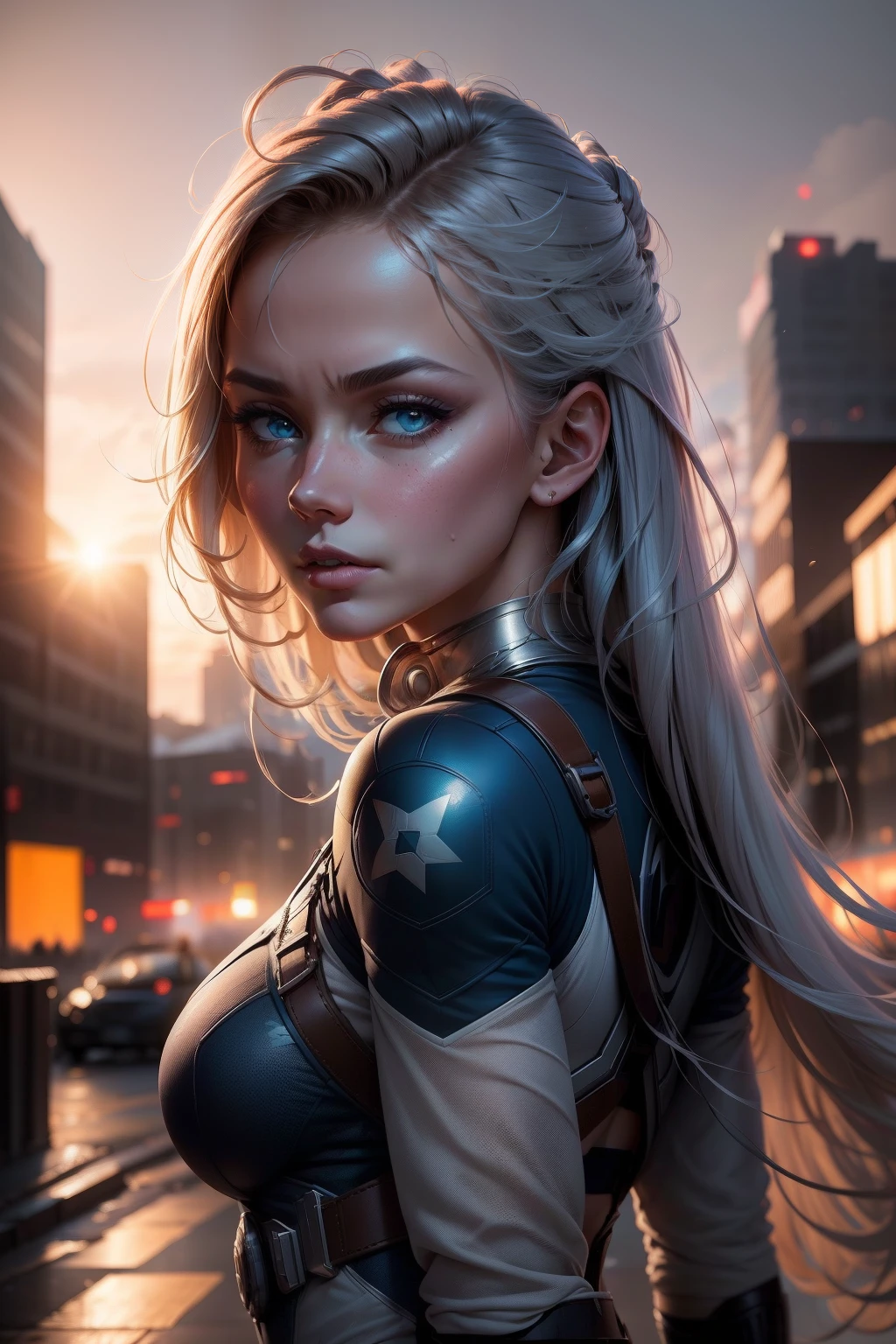 (1girl:1.3), Only, __Body Parts__, Official Art, Unified 8k wallpaper, super detailed, Beautiful and Aesthetic, beautiful, master piece, best quality, ..RAW, master piece, super fine photo, best quality, Super High Resolution, photorealistic realism, sunlight from the ground, full length portrait, incredible beauty, dynamic pose, delicate face, vibrant eyes, (from the front) she is wearing a Captain America suit, blue and white color scheme , star symbol, captain america shield, very detailed abandoned warehouse background, detailed face, detailed complex busy background, messy, gorgeous, milky white, highly detailed skin, realistic skin details, visible pores, sharp focus, volumetric fog, 8k UHD, DSLR, high quality, filmic grain, light skin, photorealism, Lomography, huge metropolis in future dystopia, seen from below, translucent