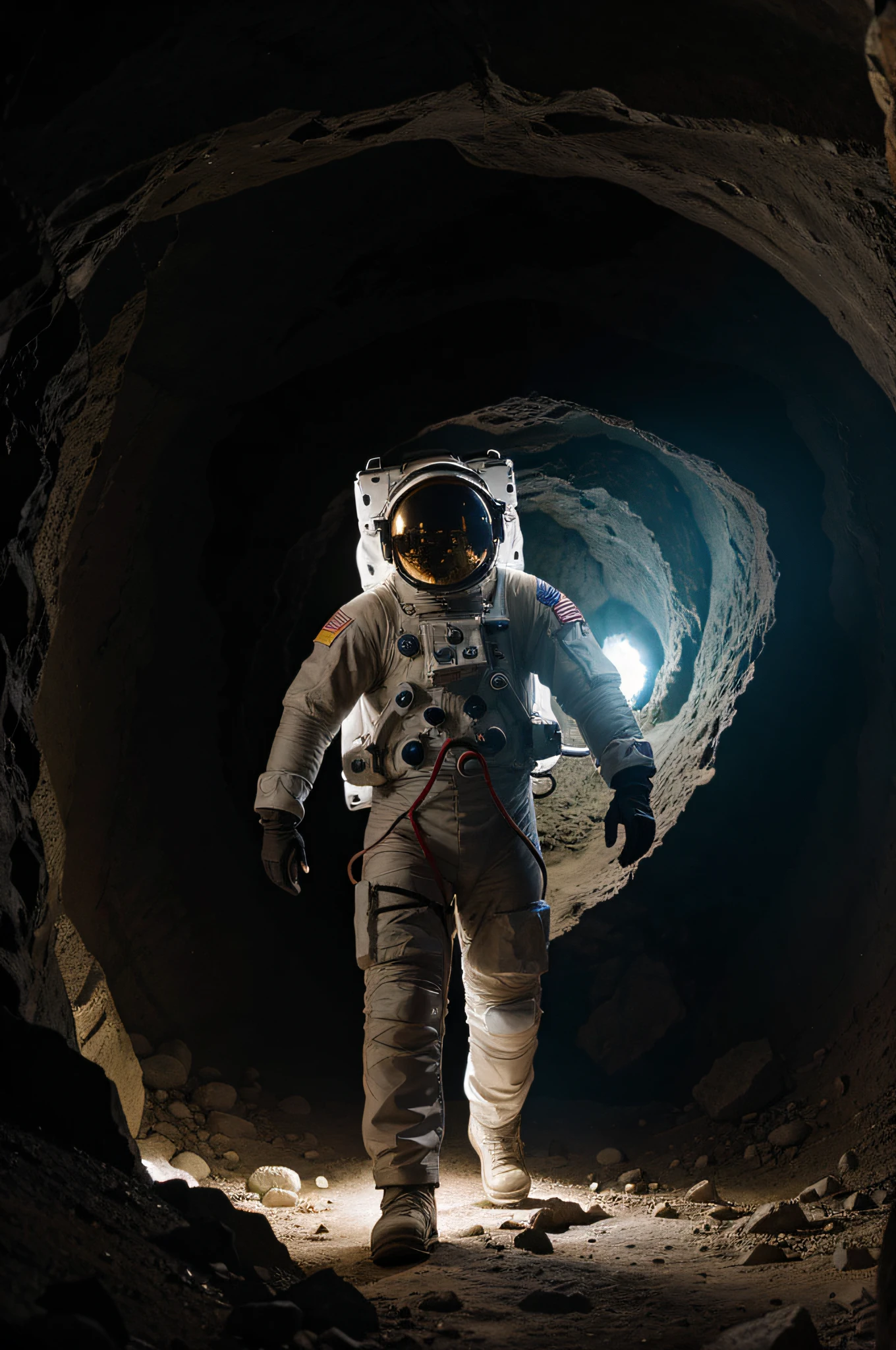 In this hyper-realistic ultra HD photograph of a astronaut in a cave. Long-exposure, photography captured with expert precision. 64k