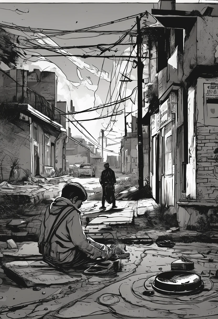 the night,There are no lights,Only dim moonlight,Under a viaduct in a slum,A 40-year-old male beggar lies face down on a hot manhole cover for warmth,Wisps of steam come out of the edge of the manhole cover