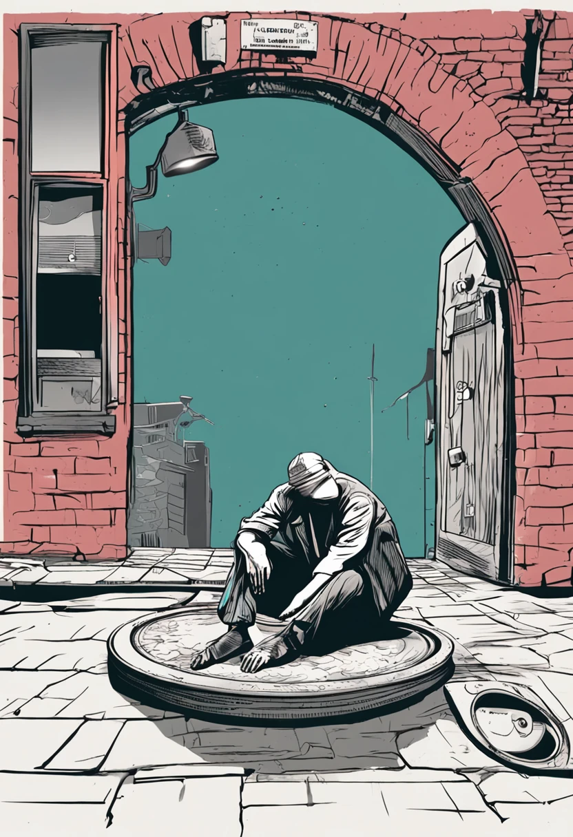 the night，There are no lights，Only dim moonlight，Under a viaduct in a slum，A 40-year-old male beggar lies face down on a hot manhole cover for warmth，Wisps of steam come out of the edge of the manhole cover