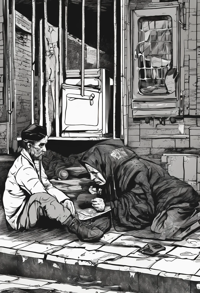 the night，There are no lights，Only dim moonlight，Under a viaduct in a slum，A 40-year-old male beggar lies face down on a hot manhole cover for warmth，Wisps of steam come out of the edge of the manhole cover