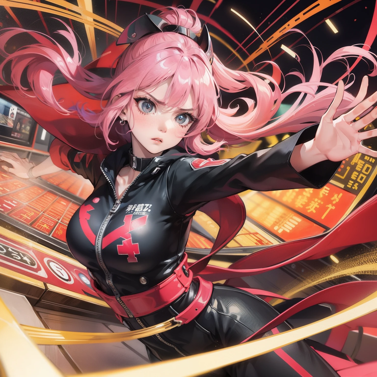 A girl hitting a pachinko, an irritated face.