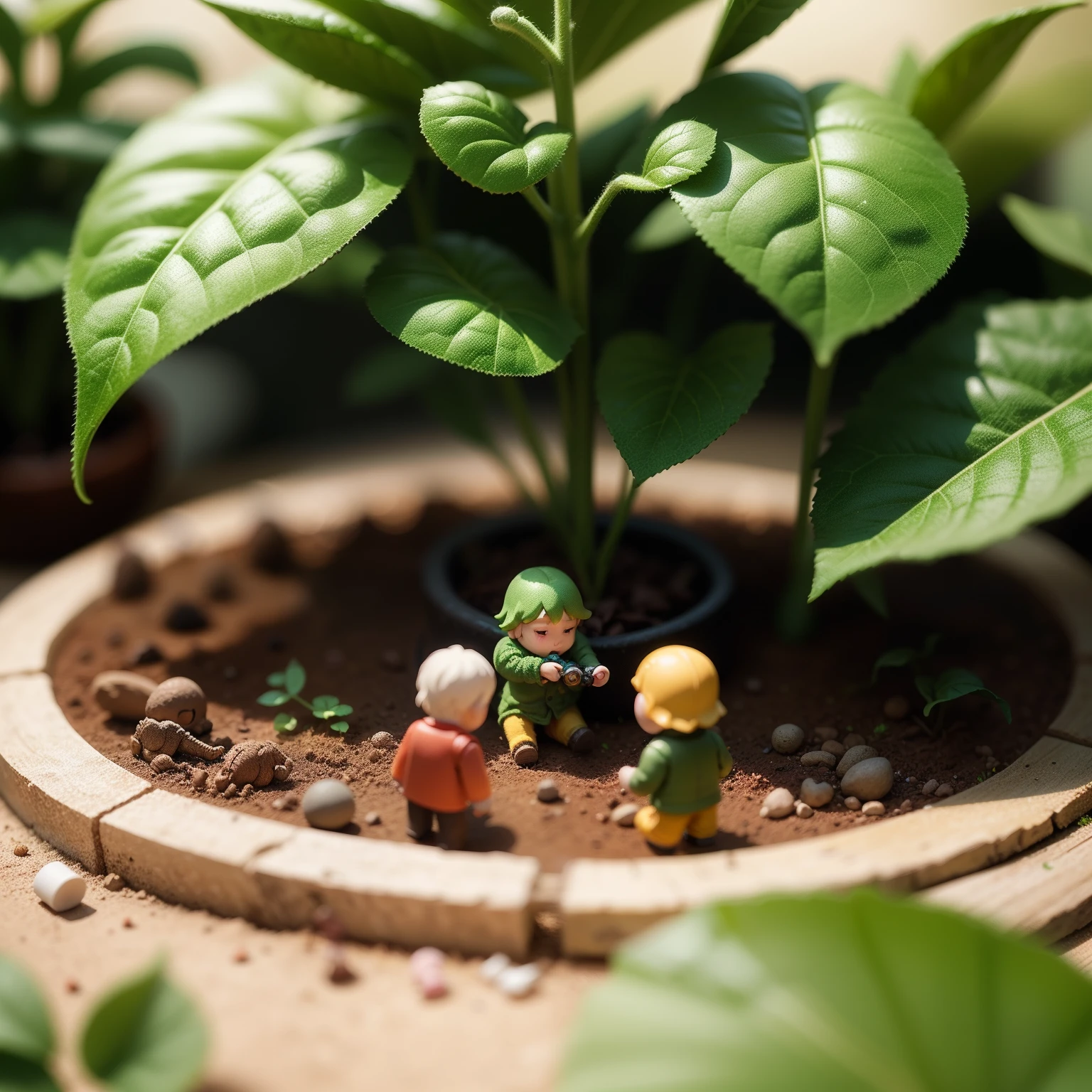 some tiny little toy people Under the tomato plants, natural light, miniature, semi blur background, clear details, tilt-shift, macro photography, isometric, 3d
