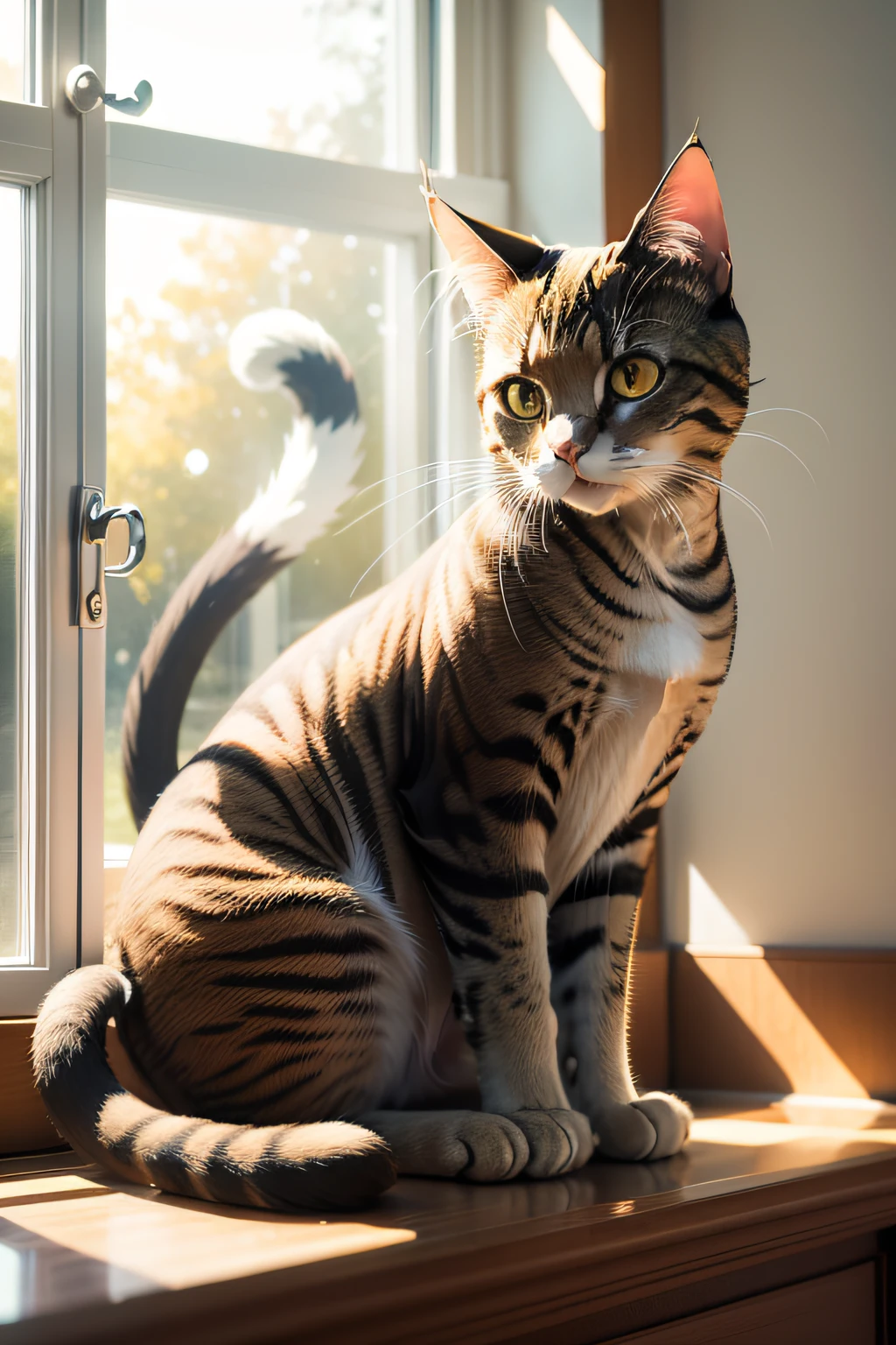 「Cat playing in the sunlight on the windowsill