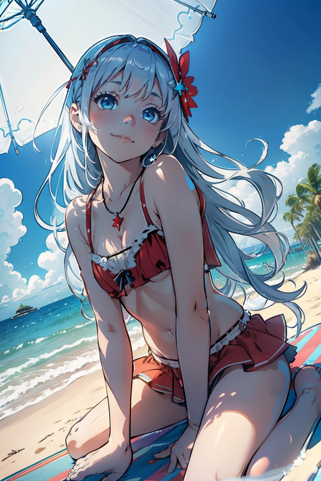 masterpiece, top-quality, Detailed details, Detailed landscapes, beatiful lights, Beautiful Shadows,one girls,ar old,pen one's legs)),(is standing),Child's body shape,huge smile,(innocent smiles),detailed skin textures,flipflops,long,Bunching hair,Silver hair ornament、silber hair,piercings、Silver necklace、Red bright eyes、Children's swimwear,Fluffy swimsuit,Flip fluffy mini skirt,sea side、beach parasol、L size drinks、blue-sky、llight rays、High contrast,(Perspective from behind),(((Look up from between your legs))),(((((super low angle))))),(NSFW:0.3)