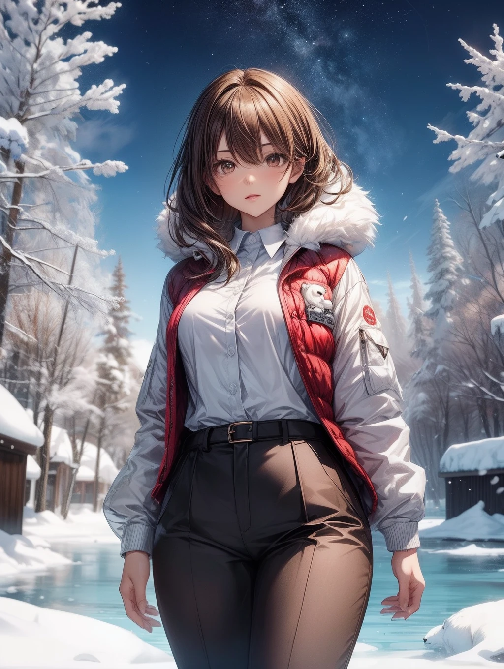 Best Quality, masutepiece, The polar bear stands up and looks around、On the ice floes、The background is the North Pole、beautiful mature women、Beautiful face、Strong-minded woman、Office Suit Pants、brown haired、Brown-eyed、Longhaire、Undersized eyes、Spanning a polar bear