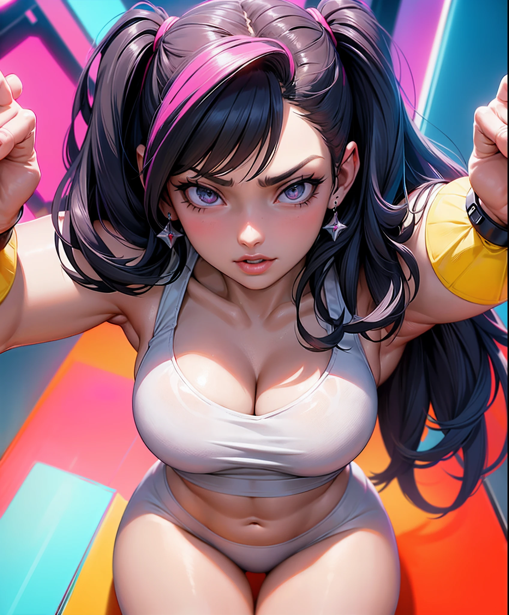 ((best quality)), ((master part)), ((realista)) e pGostosaografia ultra-detalhada, Juri Han,Menina bonita Juri Han de Street Fighter, bunda grande,  Garota bonita,  Neon light. veste um (Top Tecnologia-Desgaste) e um (corda preta, white pattern :1.2) , ((Beautiful and Aesthetic)), sexy, seios grandes, gostosa, mama grande, Crouching back position, cyberpunk gym,  dingy gym,