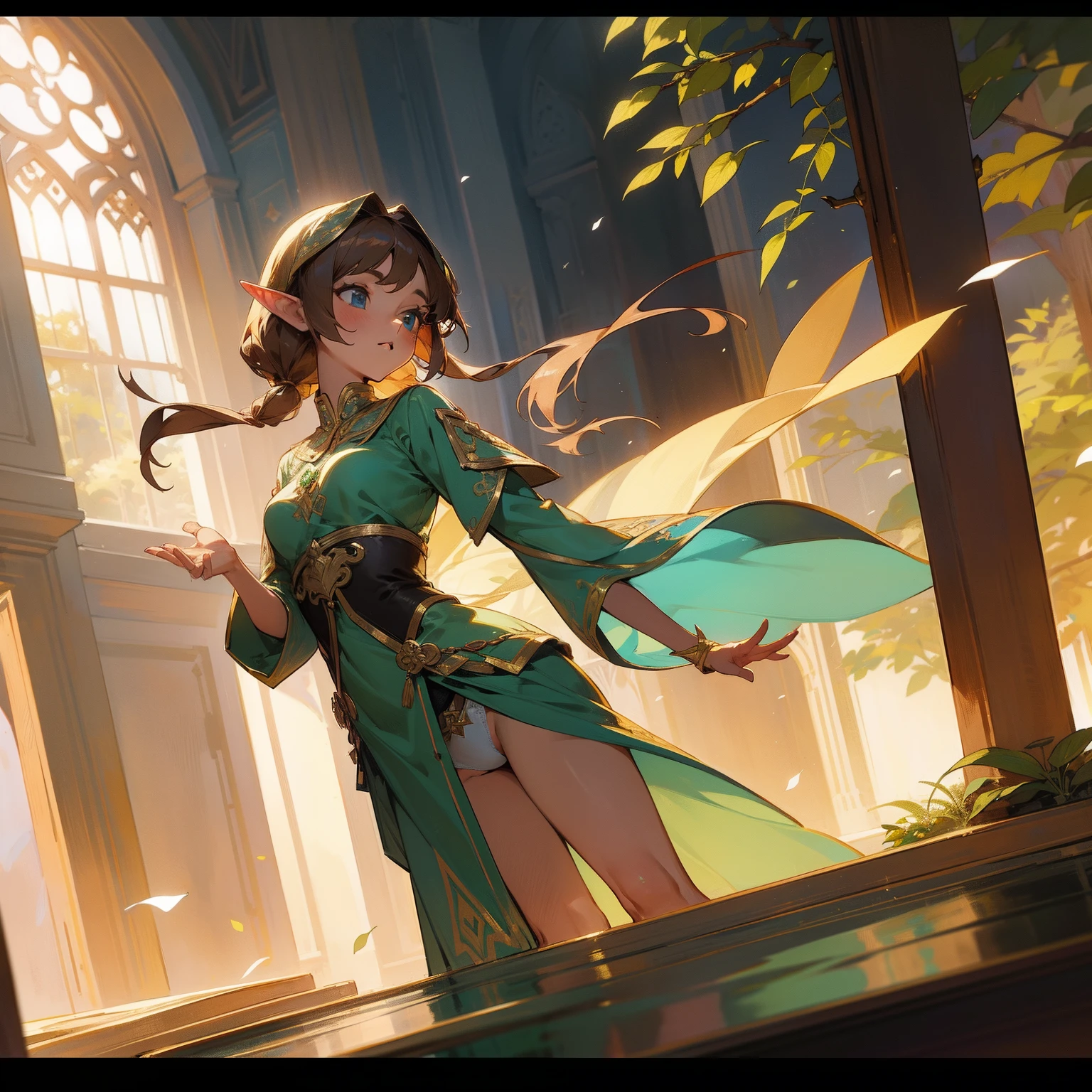 "She builds a high-quality image that stands out for her exceptional skill in the play of light and shadow. The protagonist, an enigmatic medium-breasted forest elf, is presented with brown hair adorned with golden highlights and captivating light blue eyes. Her full figure she is shown wearing a green schoolboy medieval elf outfit and a pink miniskirt, with detailed embroidery of leaves and flowers in gold thread. Magical lighting envelops the elf, enhancing her serene presence and creating an atmosphere of mystery as she subtly lifts her skirt that shows her white panties, flowers bloom as she opens her blouse and bares her breasts, her hair and dress undulate gracefully, creating a choreography of shadows and movement.The image masterfully fuses medieval elements with a modern university touch, offering the viewer a window into an enchanted and magical world where beauty and magic converge."