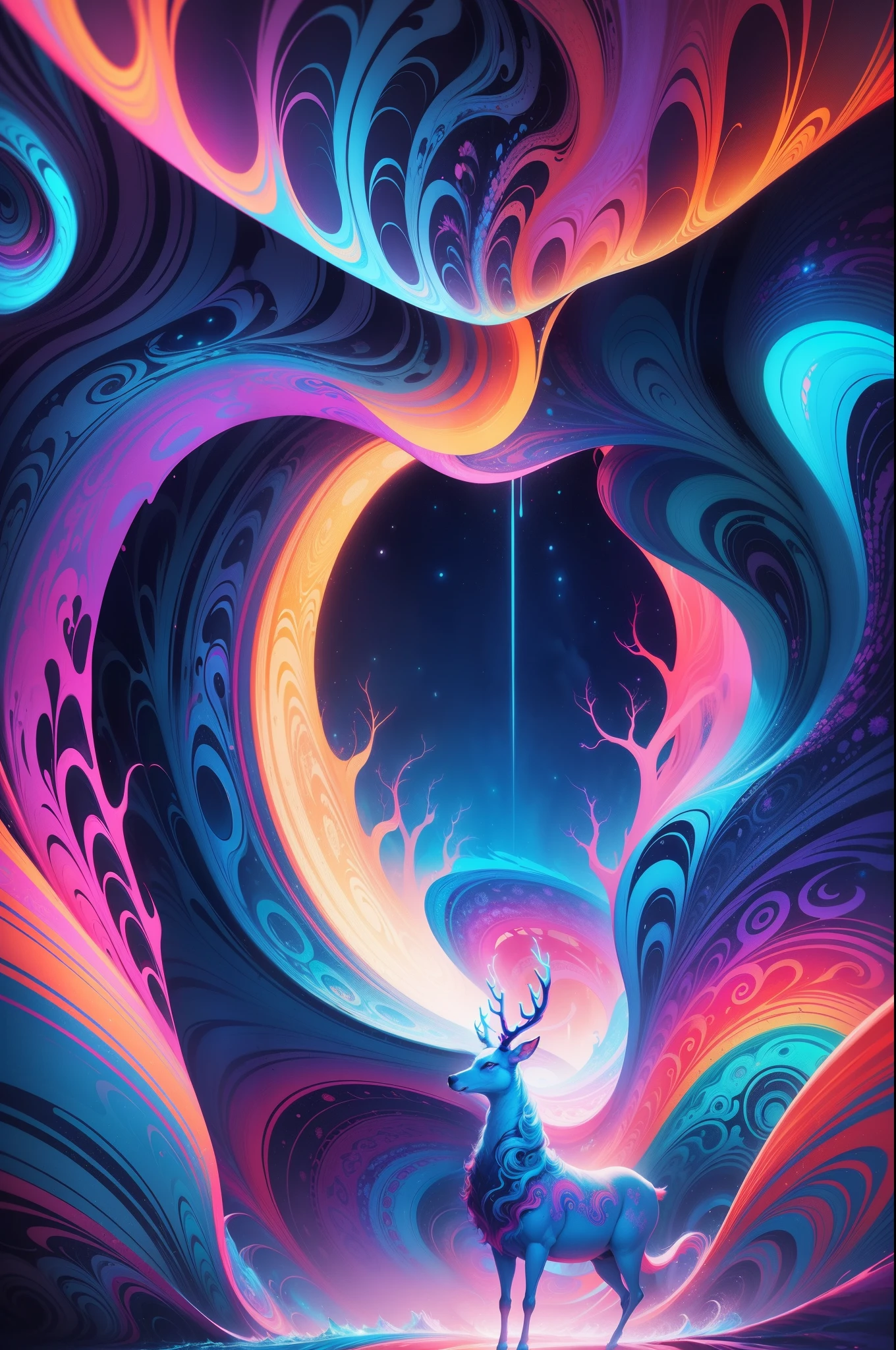 (Psychedelic painting of deer standing in front of colorful whirlpools), ((Multi-sewn large antlers, stag, Big head)), Light and shadow, Waves, Multi-layered, foreground, Distant view, fractal thunder dan mumford, Dan Mount Ford and Alex Gray style, psychedelic surreal art, surreal psychedelic design, Fantasy art style, Illusion psychedelic art, Infinite psychedelic waves, Inspired by Cyril Rolando, True corrugated structure, Psychedelic art style, trippy art, psychedelic illustrations,Bio-luminescence, vibrant, Colourful, Color, (Glowing, Glow), (Beautiful composition), Cinematic lighting, Intricate, (Symmetrical:0.5), Whimsical,
