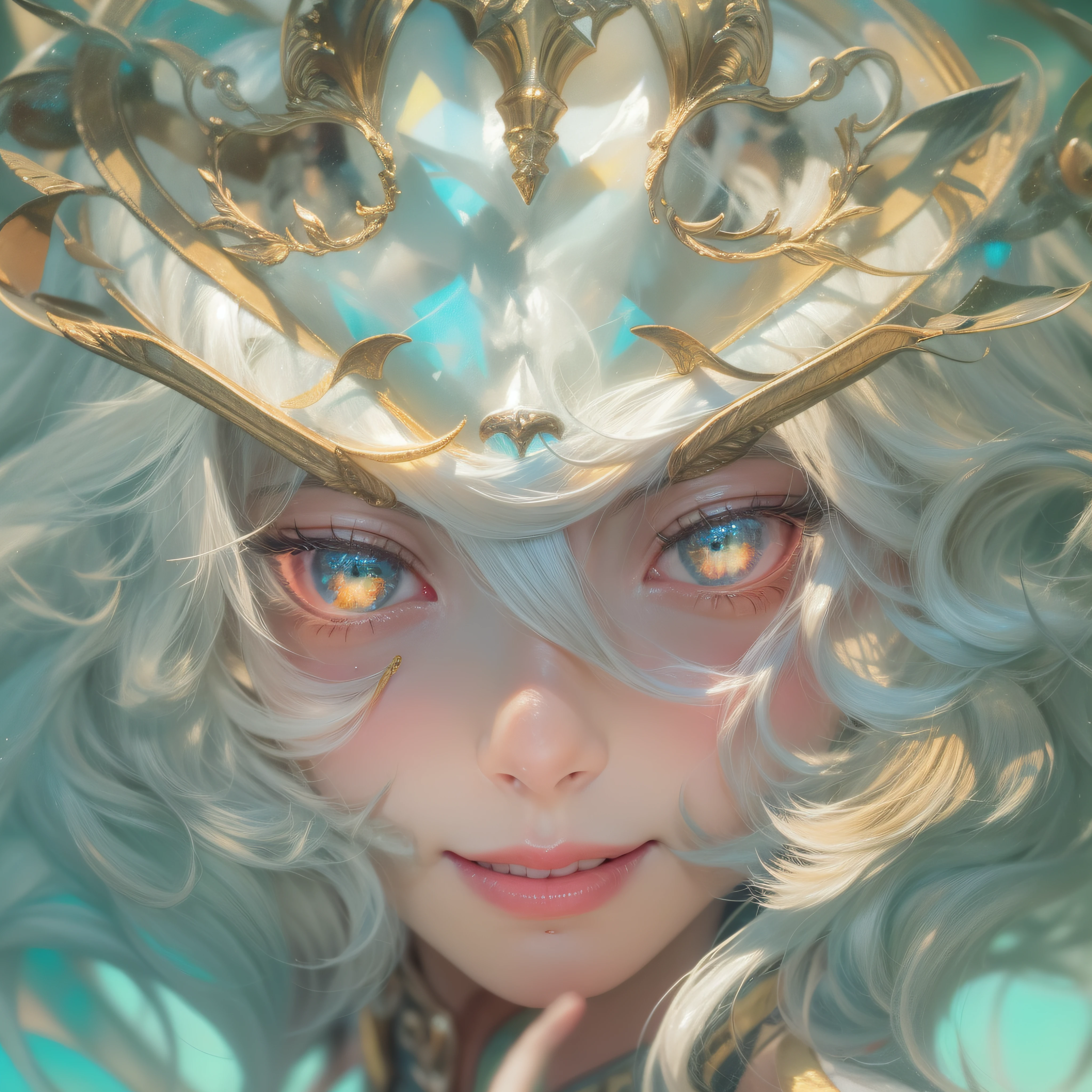 Wear a lion mask on your head、Wear a lion mask on your head、Wear a lion mask on your head、Close up of smiling face with open mouth、Wear a cat mask on your head、(realisitic、hight resolution)、(1 girl in)、Do-Up Eye、Korean Girl、(Best Quality), (masutepiece), (1girl in), Solo, a beauty girl, Perfect face, Big Breast,dreamlikeart、Highly detailed airbrush art((Surreal))、Volumetric lighting、(top-quality)、The ultra-detailliert、(The composition of the movement:1.4)、Highly detailed colorful details、(Bright lighting)、dynamic compositions、Ray traching、The mirror reflects light、Shallow depth of field、ultra-detailliert、mixing exposure、nffsw、Her eyes shine iridescent、Staring at the iridescent sea。Her iridescent face is、Full of adventure anticipation and courage.、A smile appears on her iridescent lips。 At the rear、The sun is slowly tilting to the west。Its light brings iridescent light to the surface of the sea、The swaying waves create a beautiful scene。Her eyes shine clearly iridescent。Lots of iridescent colors、