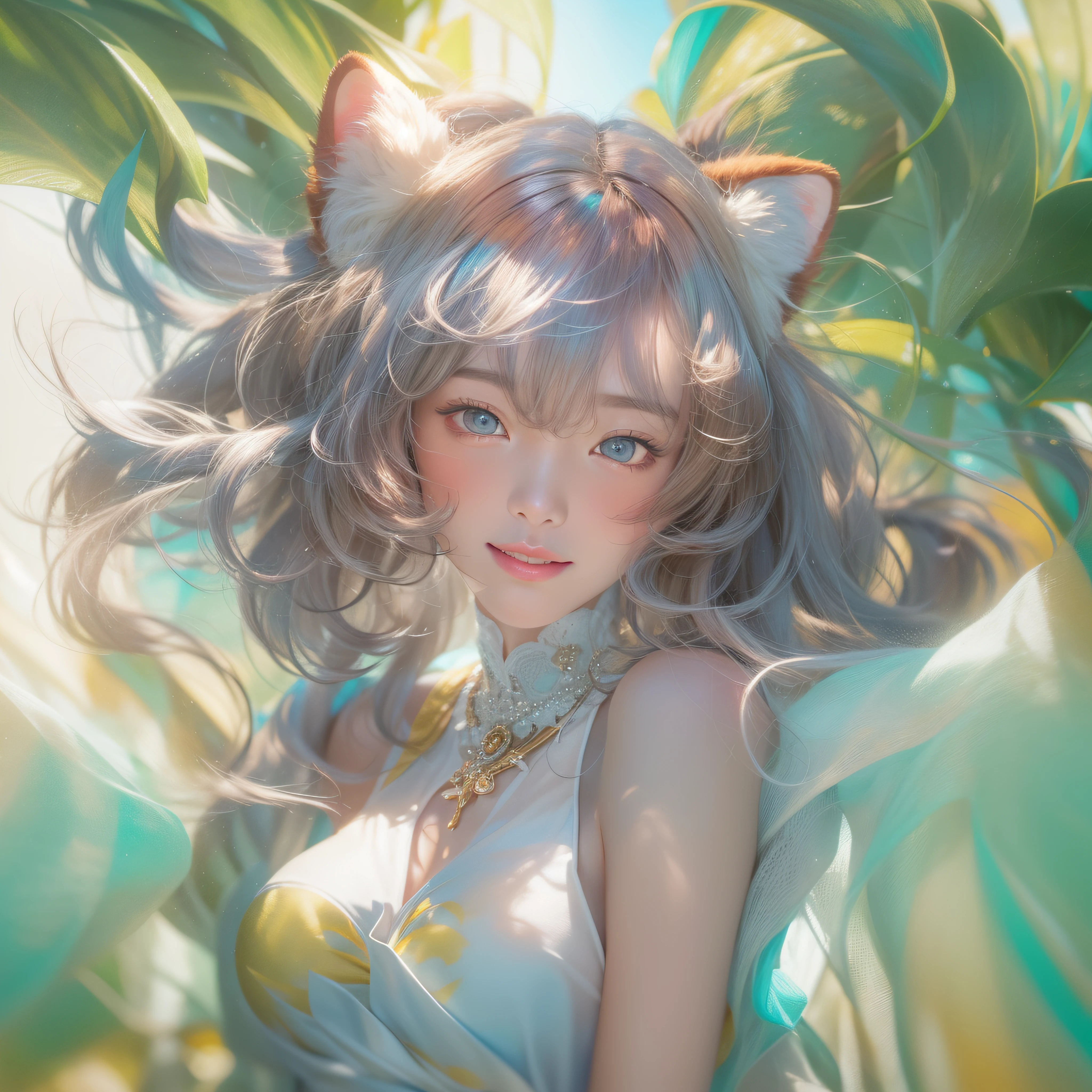 Wear a lion mask on your head、Wear a lion mask on your head、Wear a lion mask on your head、Close up of smiling face with open mouth、Wear a cat mask on your head、(realisitic、hight resolution)、(1 girl in)、Do-Up Eye、Korean Girl、(Best Quality), (masutepiece), (1girl in), Solo, a beauty girl, Perfect face, Big Breast,dreamlikeart、Highly detailed airbrush art((Surreal))、Volumetric lighting、(top-quality)、The ultra-detailliert、(The composition of the movement:1.4)、Highly detailed colorful details、(Bright lighting)、dynamic compositions、Ray traching、The mirror reflects light、Shallow depth of field、ultra-detailliert、mixing exposure、nffsw、Her eyes shine iridescent、Staring at the iridescent sea。Her iridescent face is、Full of adventure anticipation and courage.、A smile appears on her iridescent lips。 At the rear、The sun is slowly tilting to the west。Its light brings iridescent light to the surface of the sea、The swaying waves create a beautiful scene。Her eyes shine clearly iridescent。Lots of iridescent colors、