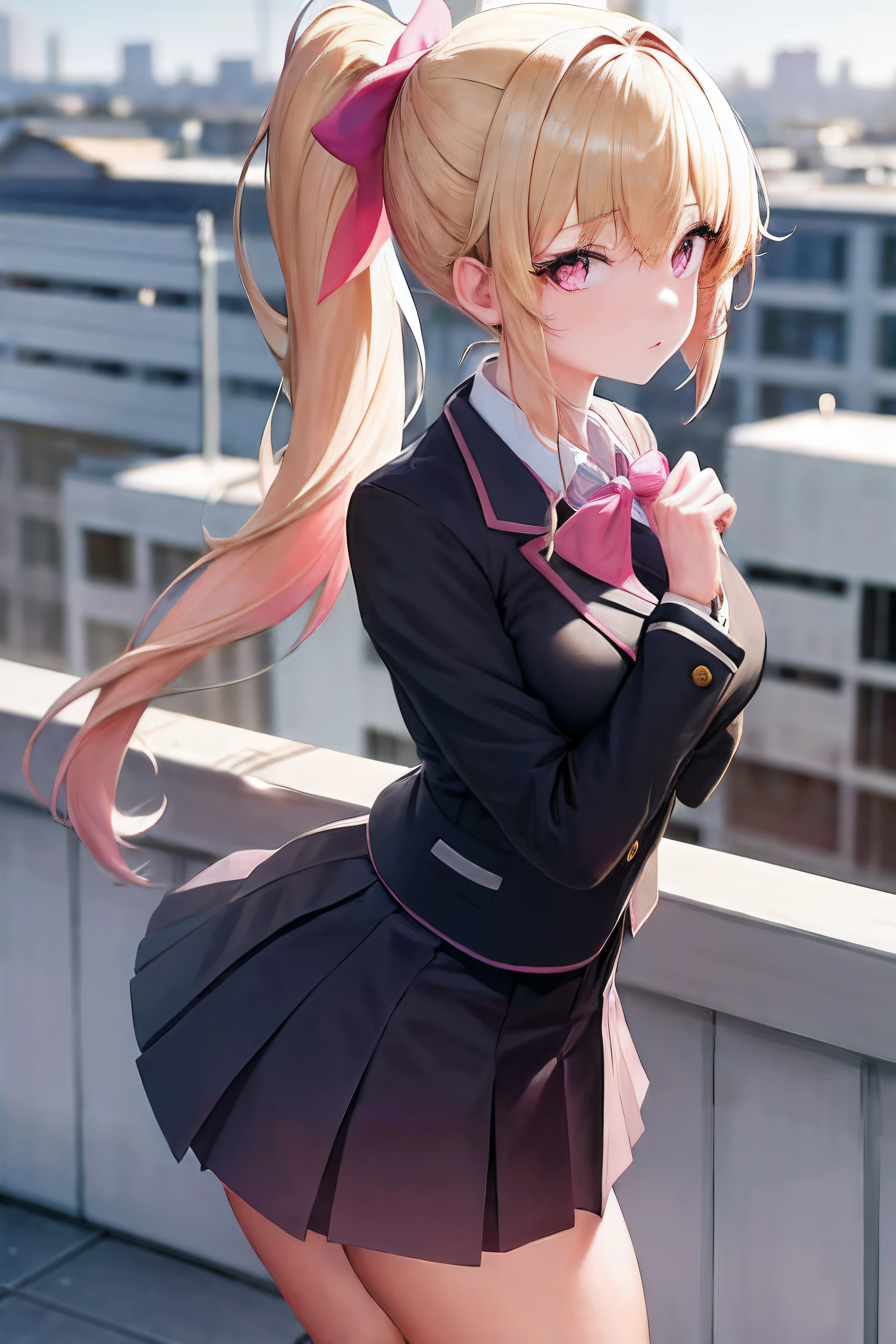 masterpiece, highres, best quality, 1girl solo, blonde ponytail, beautiful pink eyes, wearing school uniform, standing on school roof while looking u