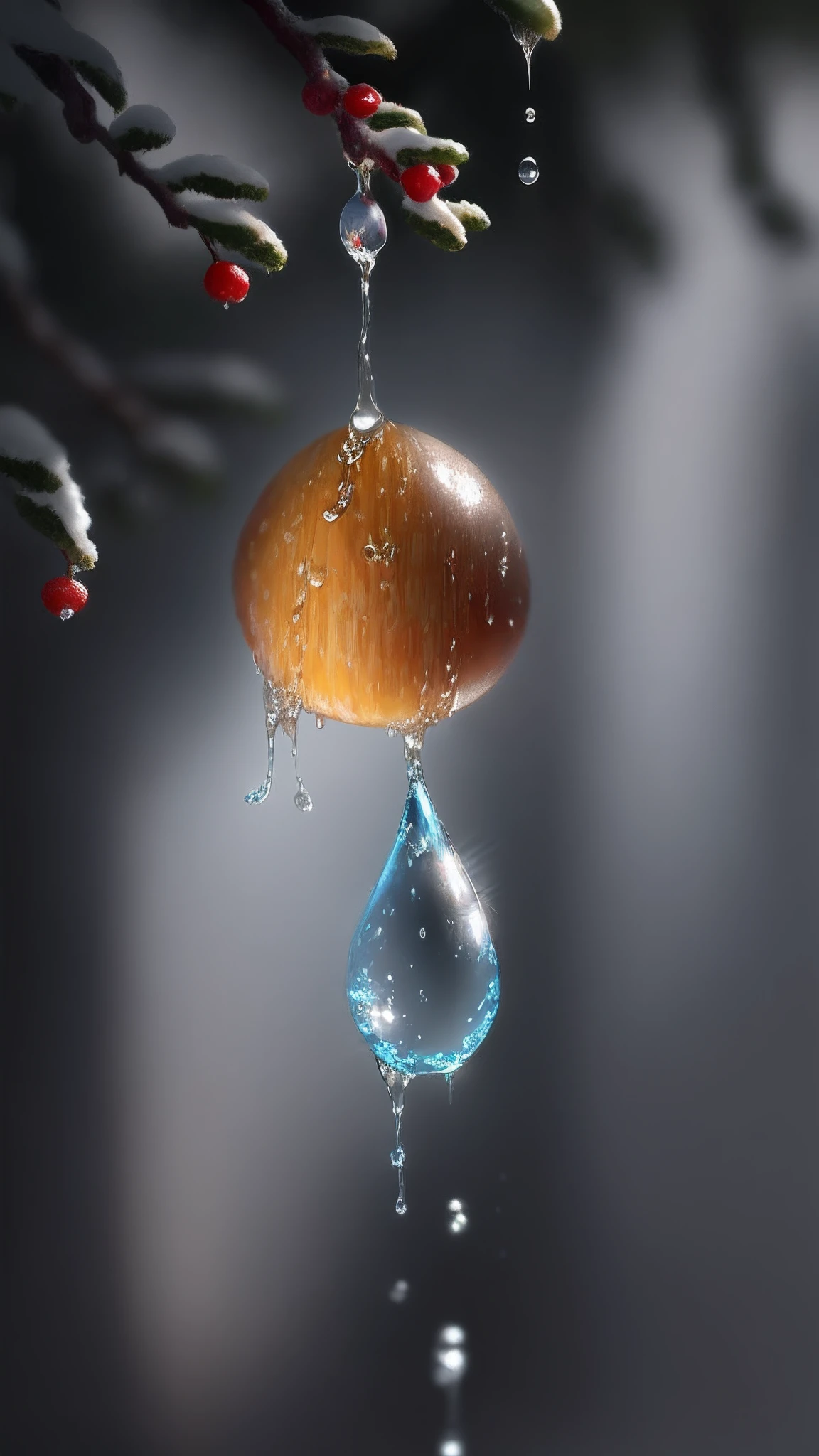 there is a drop of water hanging from a pine tree branch, mirror dripping droplet!, water droplets frozen in time, plant sap, water droplet, berries dripping, honey dripping, wet dripping, drop of waters, rain droplets frozen in time, mirror dripping droplet, frozen tear, tear drop, dripping honey, focus on droplets