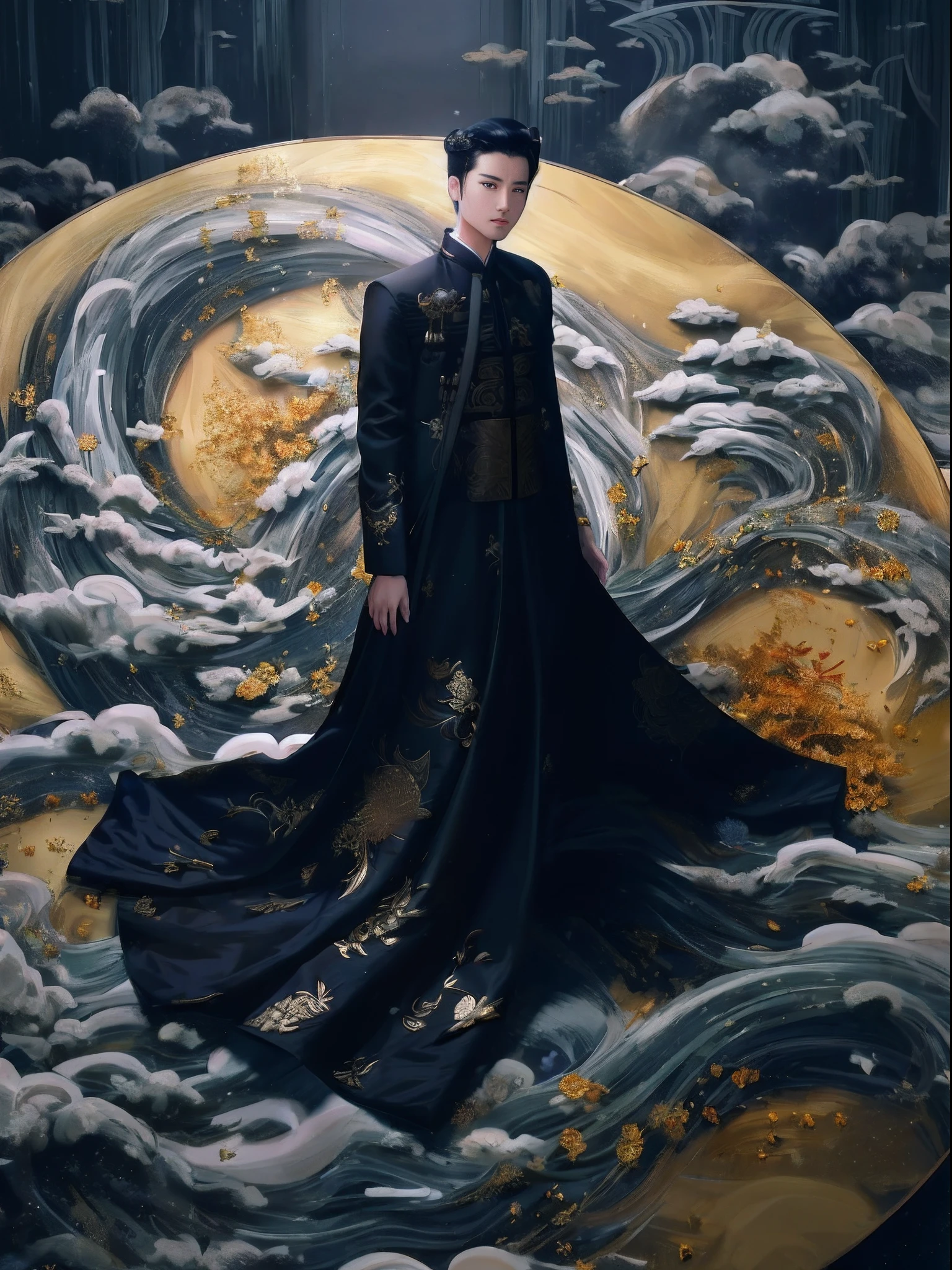 An image of a man in a black robe standing in front of a painting, ao dai, inspired by Zhu Derun, Inspired by Guo Xi, inspired by Wang Ximeng, inspired by Huang Gongwang, inspired by Xie Huan, inspired by Chang Dai-chien, Inspired by Gong Li, wearing ornate silk clothes