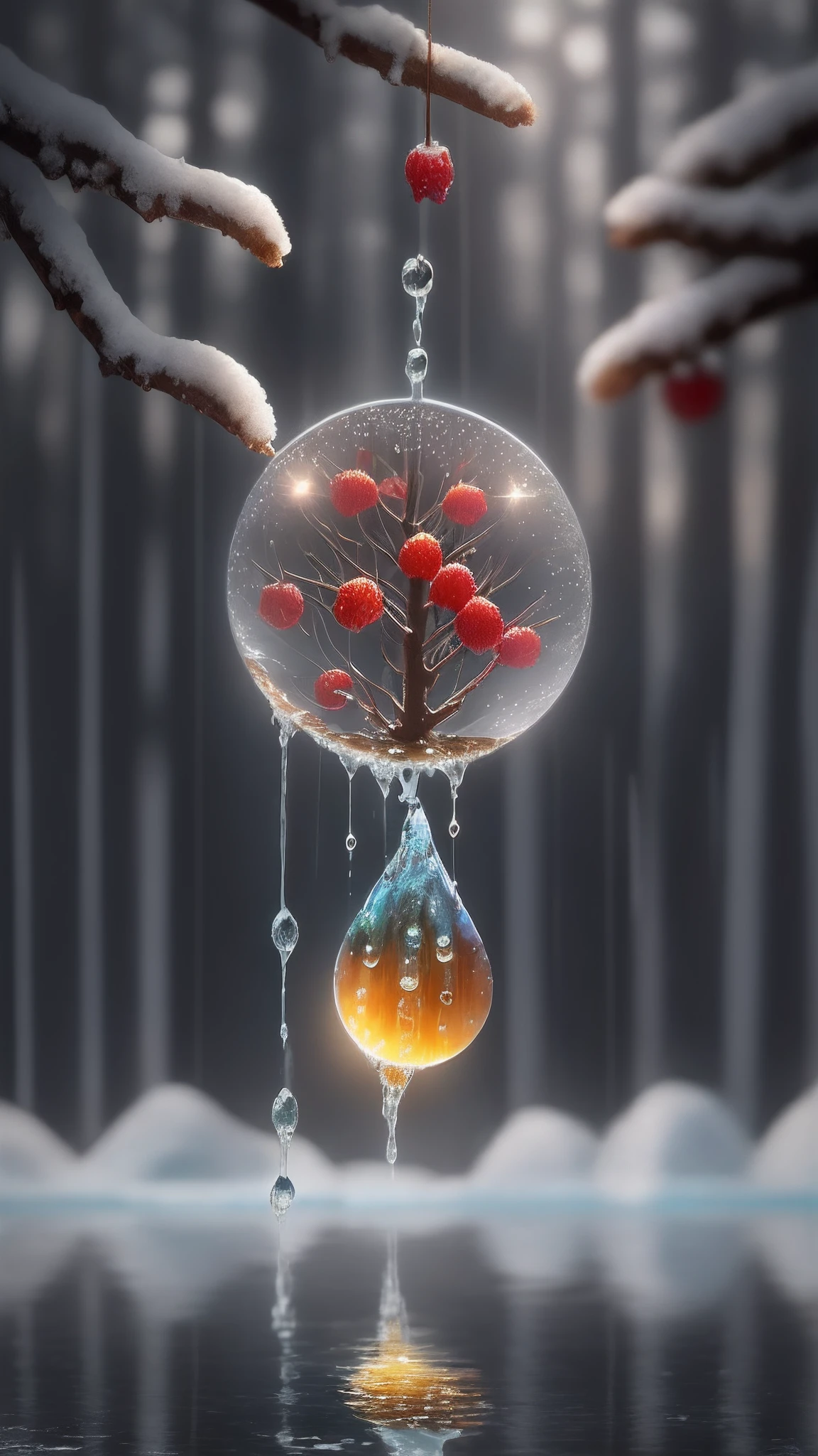 there is a drop of water hanging from a pine tree branch, mirror dripping droplet!, water droplets frozen in time, plant sap, water droplet, berries dripping, honey dripping, wet dripping, drop of waters, rain droplets frozen in time, mirror dripping droplet, frozen tear, tear drop, dripping honey, focus on droplets