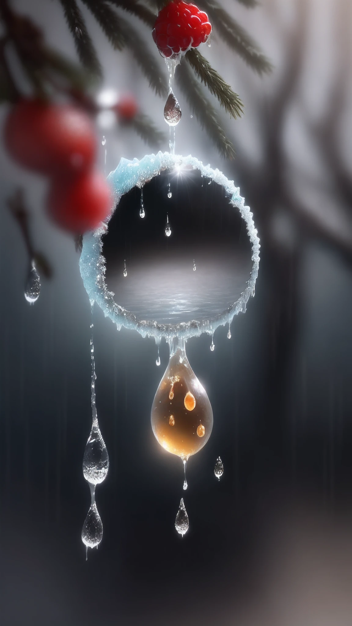 there is a drop of water hanging from a pine tree branch, mirror dripping droplet!, water droplets frozen in time, plant sap, water droplet, berries dripping, honey dripping, wet dripping, drop of waters, rain droplets frozen in time, mirror dripping droplet, frozen tear, tear drop, dripping honey, focus on droplets