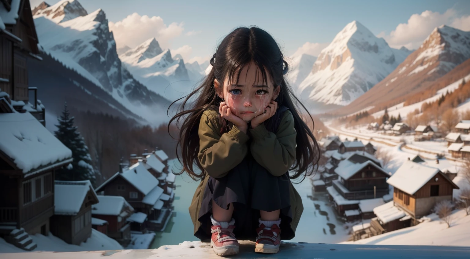 A helpless crying  girl in a mountain village，watery，largeeyes，Beautiful face