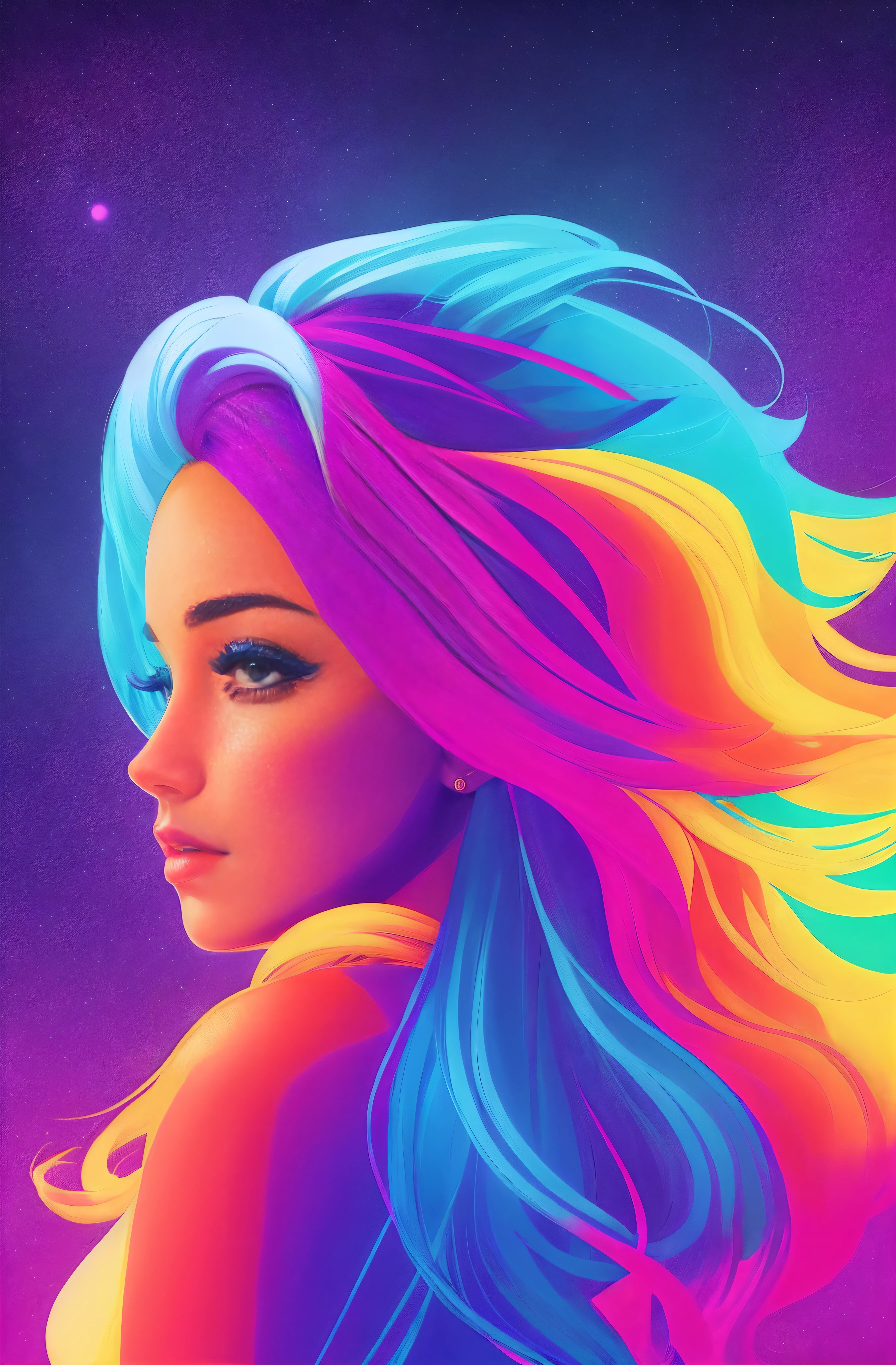 A woman with long hair and colored hair is looking away, Jen Bartel, Pintura digital vibrante, stunning digital illustration, pintura digital colorida, vibrant fan art, Arte de Alessandro Pautasso, full-colour illustration, rossdraw desenho animado vibrante, bela arte digital, Bela arte UHD 4K, arte vetorial multicolorida, RossDraw pastel vibrante