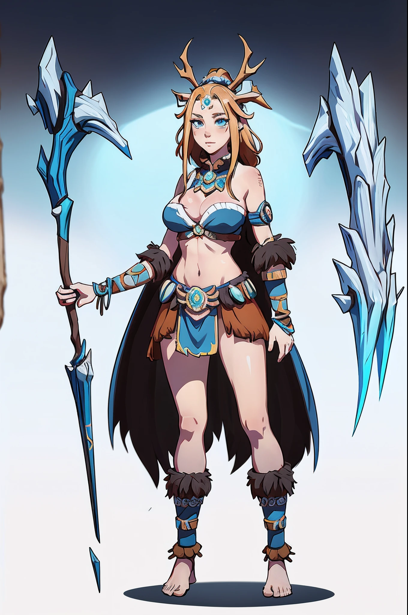 1个Giant Breast Girl、独奏,full bodyesbian,standing on your feet,Ice Tribe,simple backgound,Magical fantasy design,character concept design,Beautiful face and eyes,tmasterpiece,best qualtiy,Best resolution,high definition detail