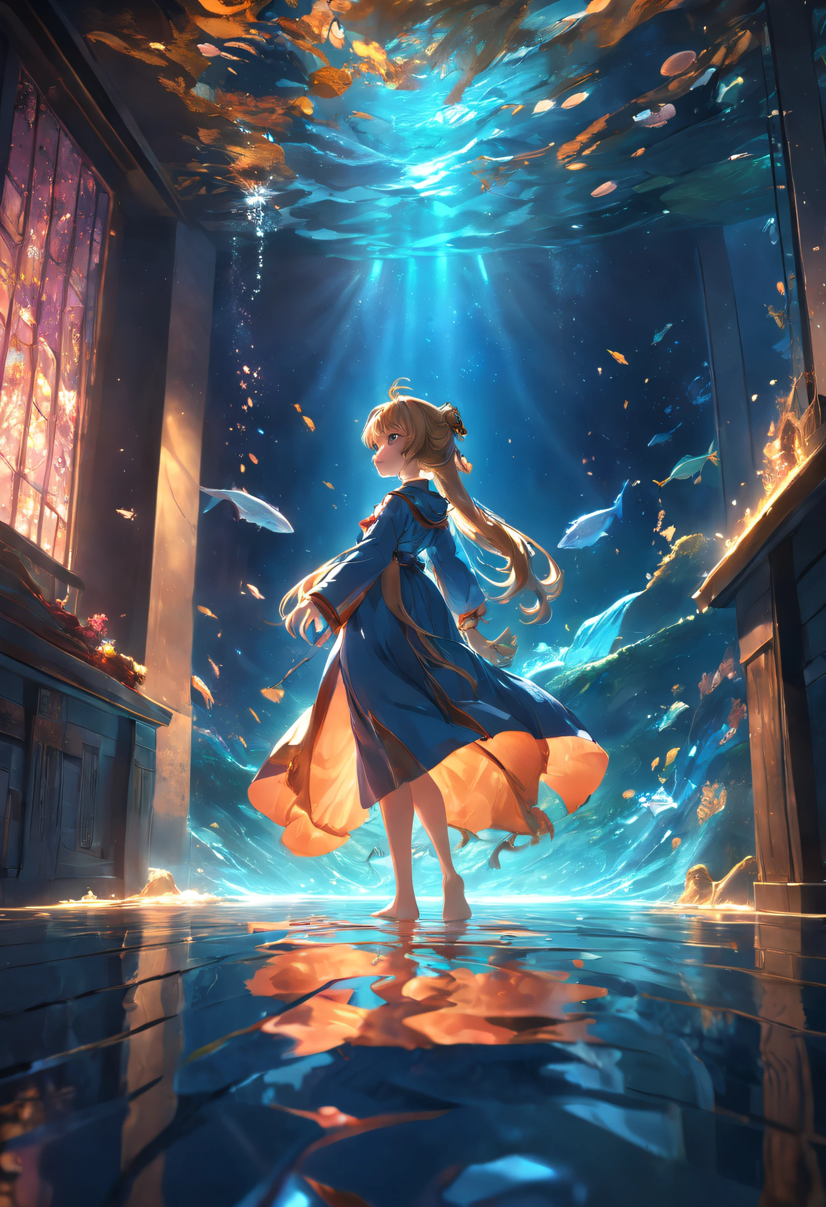 (extremely detailed CG unity 16k wallpaper:1.1), (Denoising strength: 1.45), (tmasterpiece:1.37), ultra detailed artistic photography, Underwater portrait, Dreamy, Glowing, The light from the back window is backlighted, Shadows, oil on the canvas, smooth, hyper HD, super sharp focus, masterpiece of intricate artwork, Flowing costumes, Highly detailed, vibrant, production cinematic character render, ultra high quality model, god rays, sparkle, glowing light, 8K