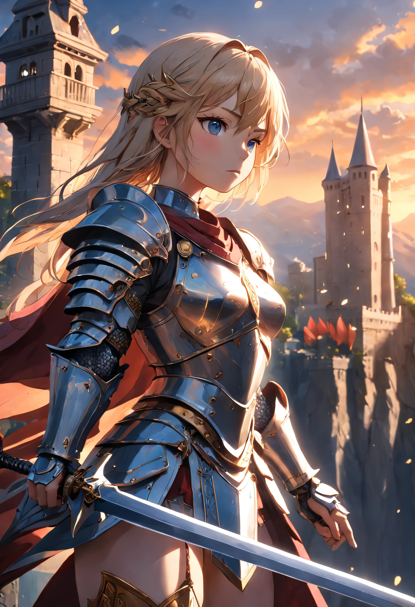 A woman in armor holding a sword standing in front of a castle - SeaArt AI