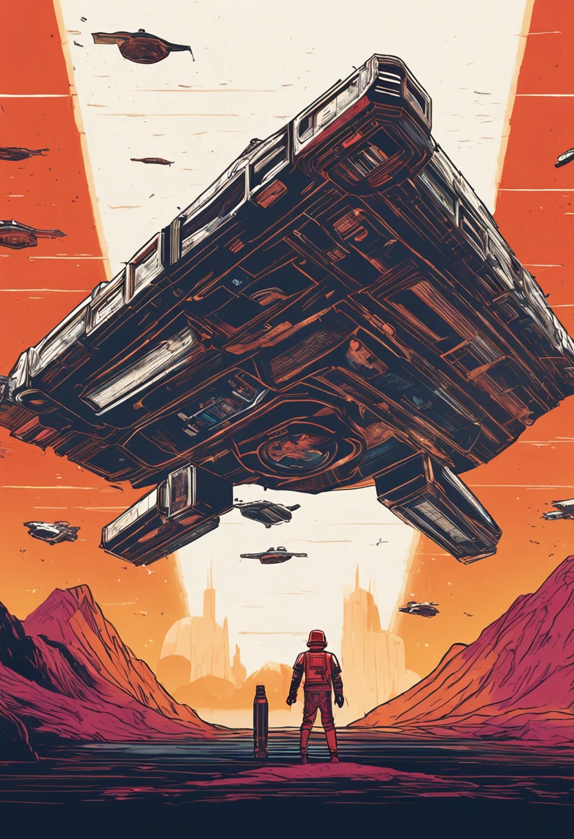 A vintage, playful vectorized t-shirt design of a Star Wars scene, rendered in Unreal Engine 5 with vivid colors and cinematic color grading, white background