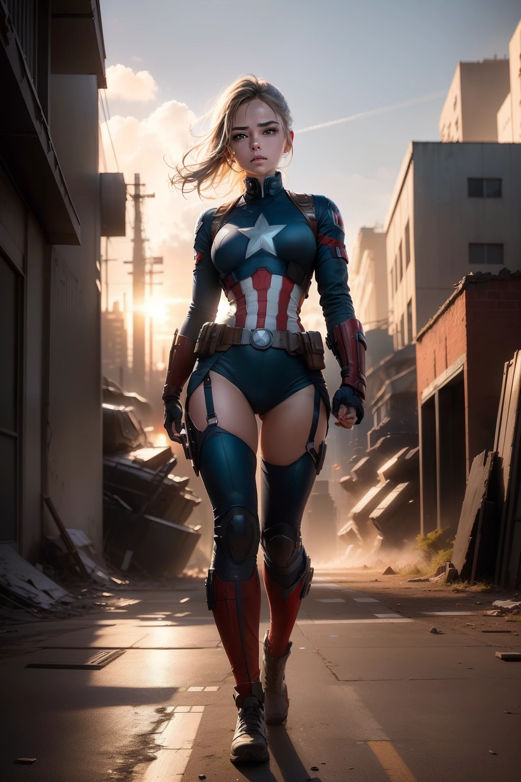(1girl:1.3), Only, __Full Body__, Official Art, Unified 8k Wallpaper, super detailed, Beautiful and Aesthetic, beautiful, master piece, best quality, ..RAW, master piece, super fine photo, best quality , Super High Resolution, photorealistic realism, sunlight from the ground, full body portrait, incredible beauty, dynamic pose, delicate face, vibrant eyes, (from the front) she is wearing a Captain America suit, blue and white color scheme, Star Symbol, Captain America Shield, Highly Detailed Abandoned Warehouse Background, Detailed Face, Detailed Complex Busy Background, Messy, Gorgeous, Milky White, Highly Detailed Skin, Realistic Skin Details, Visible Pores, Sharp Focus, Volumetric Fog, 8k UHD , DSLR, high quality, filmic grain, light skin, photorealism, Lomography, huge metropolis in future dystopia, seen from below, translucent