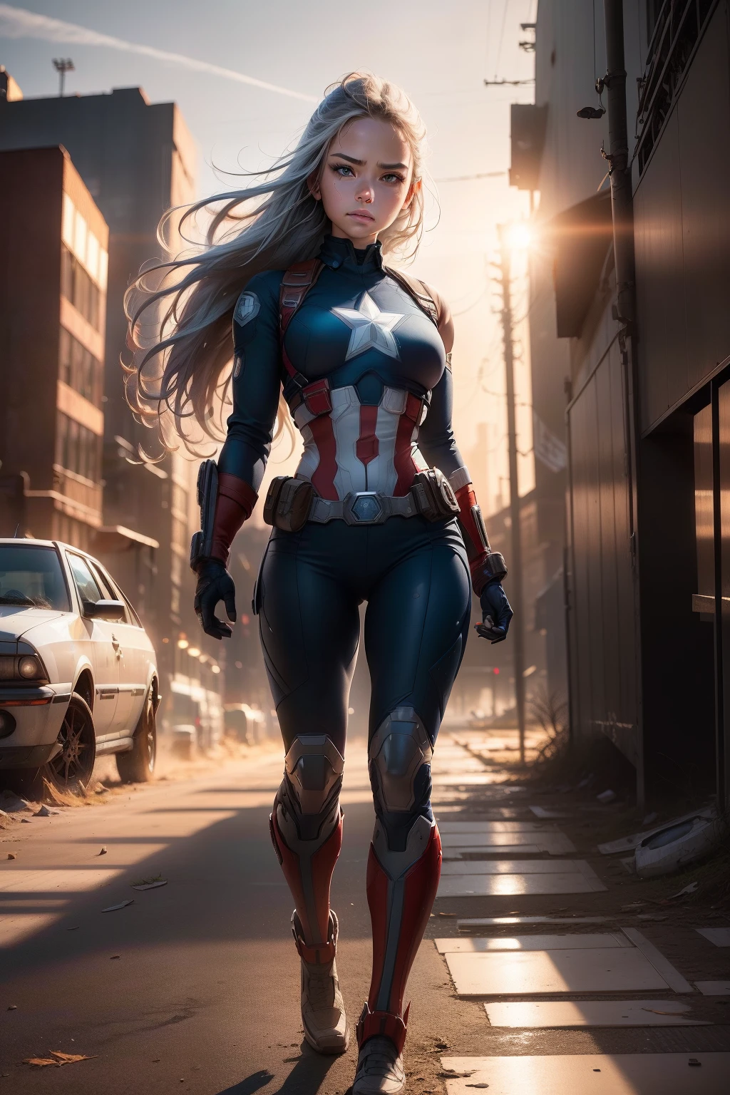 (1girl:1.3), Only, __Full Body__, Official Art, Unified 8k Wallpaper, super detailed, Beautiful and Aesthetic, beautiful, master piece, best quality, ..RAW, master piece, super fine photo, best quality , Super High Resolution, photorealistic realism, sunlight from the ground, full body portrait, incredible beauty, dynamic pose, delicate face, vibrant eyes, (from the front) she is wearing a Captain America suit, blue and white color scheme, Star Symbol, Captain America Shield, Highly Detailed Abandoned Warehouse Background, Detailed Face, Detailed Complex Busy Background, Messy, Gorgeous, Milky White, Highly Detailed Skin, Realistic Skin Details, Visible Pores, Sharp Focus, Volumetric Fog, 8k UHD , DSLR, high quality, filmic grain, light skin, photorealism, Lomography, huge metropolis in future dystopia, seen from below, translucent